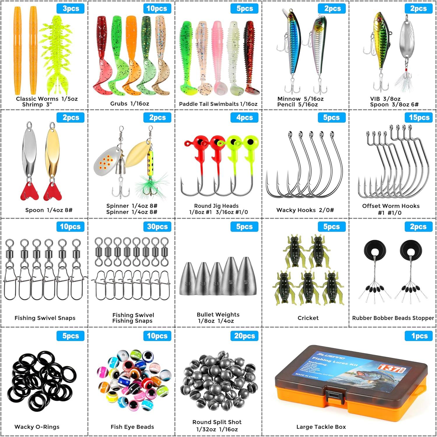 image:imagePLUSINNO Fishing Lures 137Pcs Tackle Box with Tackle Included Crankbaits Spoon Hooks Weights amp Other Accessories Fishing Bait Lure Gear Kit Gift for Men Bass Freshwater