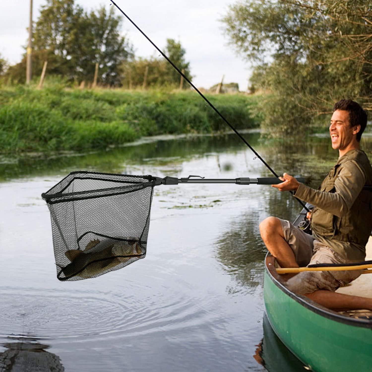 image:imagePLUSINNO Fishing Net Fish Floating Landing Net Kayak Nets with Fixed Foldable Telescopic Pole Handle Bass Trout Fishing Nets with Nylon Mesh for Pond Lake River Fishing Gear Gifts for Men Anglers1640cm Hoop Size Telescopic Pole