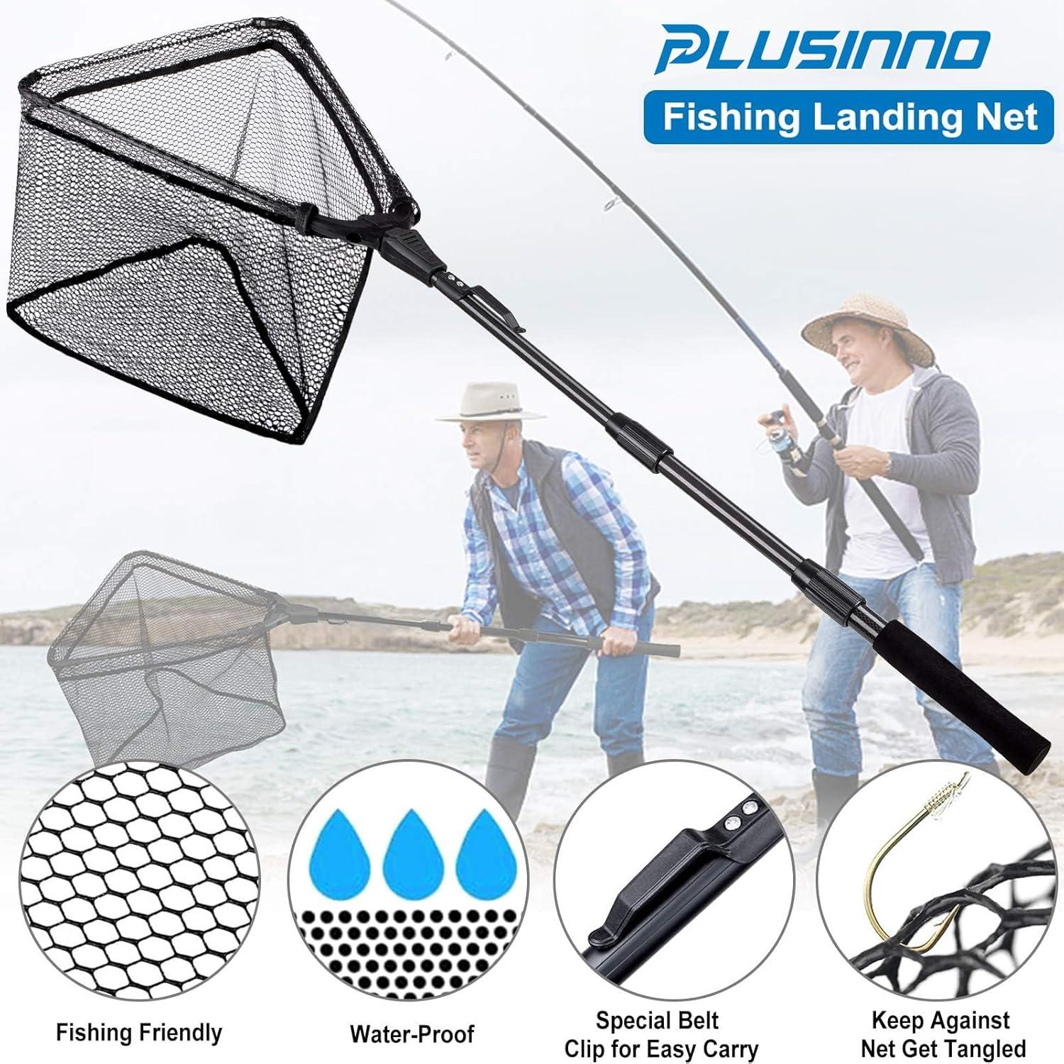 image:imagePLUSINNO Fishing Net Fish Floating Landing Net Kayak Nets with Fixed Foldable Telescopic Pole Handle Bass Trout Fishing Nets with Nylon Mesh for Pond Lake River Fishing Gear Gifts for Men Anglers19750cm Hoop Size 15M BlackExtendable