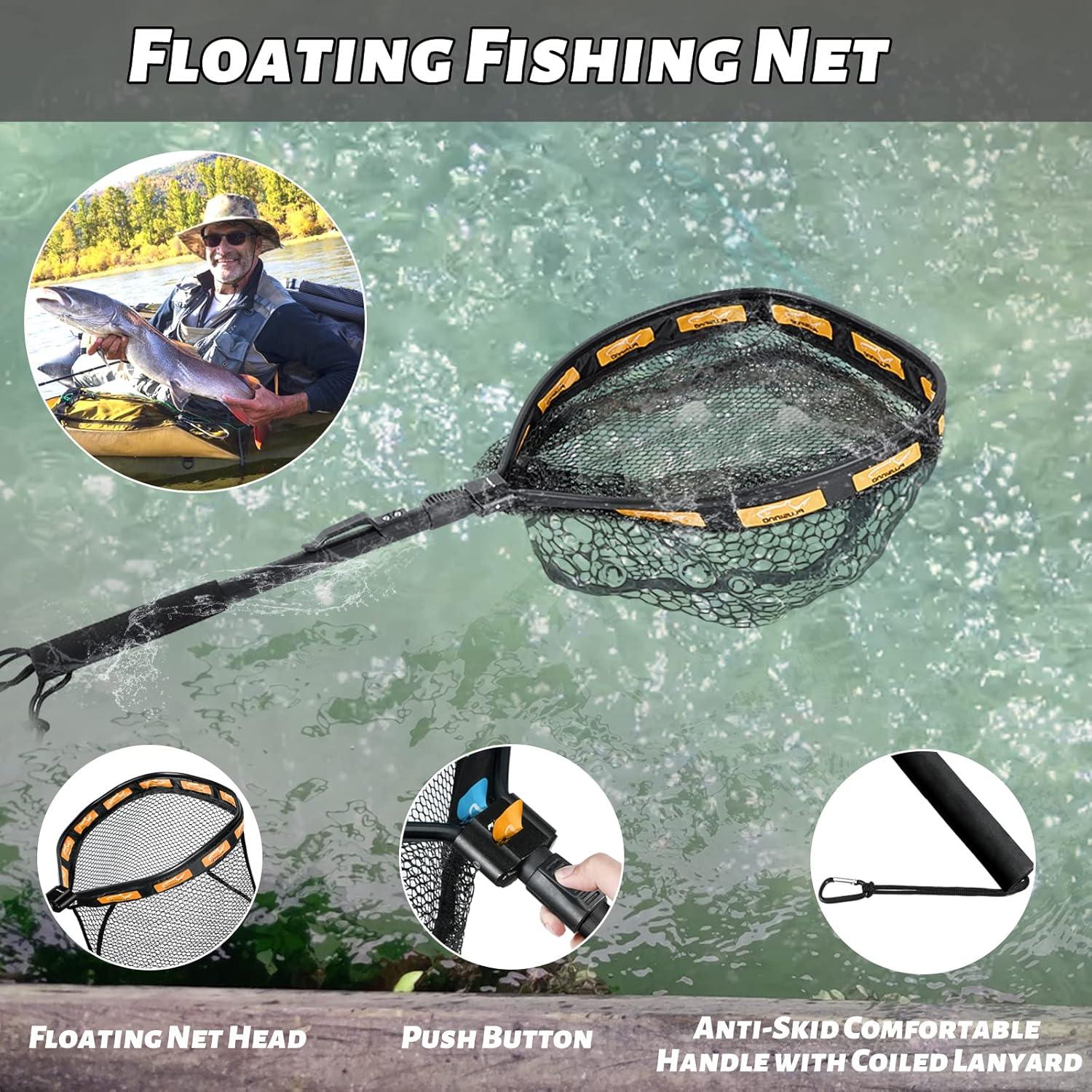 image:imagePLUSINNO Fishing Net Fish Floating Landing Net Kayak Nets with Fixed Foldable Telescopic Pole Handle Bass Trout Fishing Nets with Nylon Mesh for Pond Lake River Fishing Gear Gifts for Men Anglers11830cm Hoop Size 10M OrangeExtendable