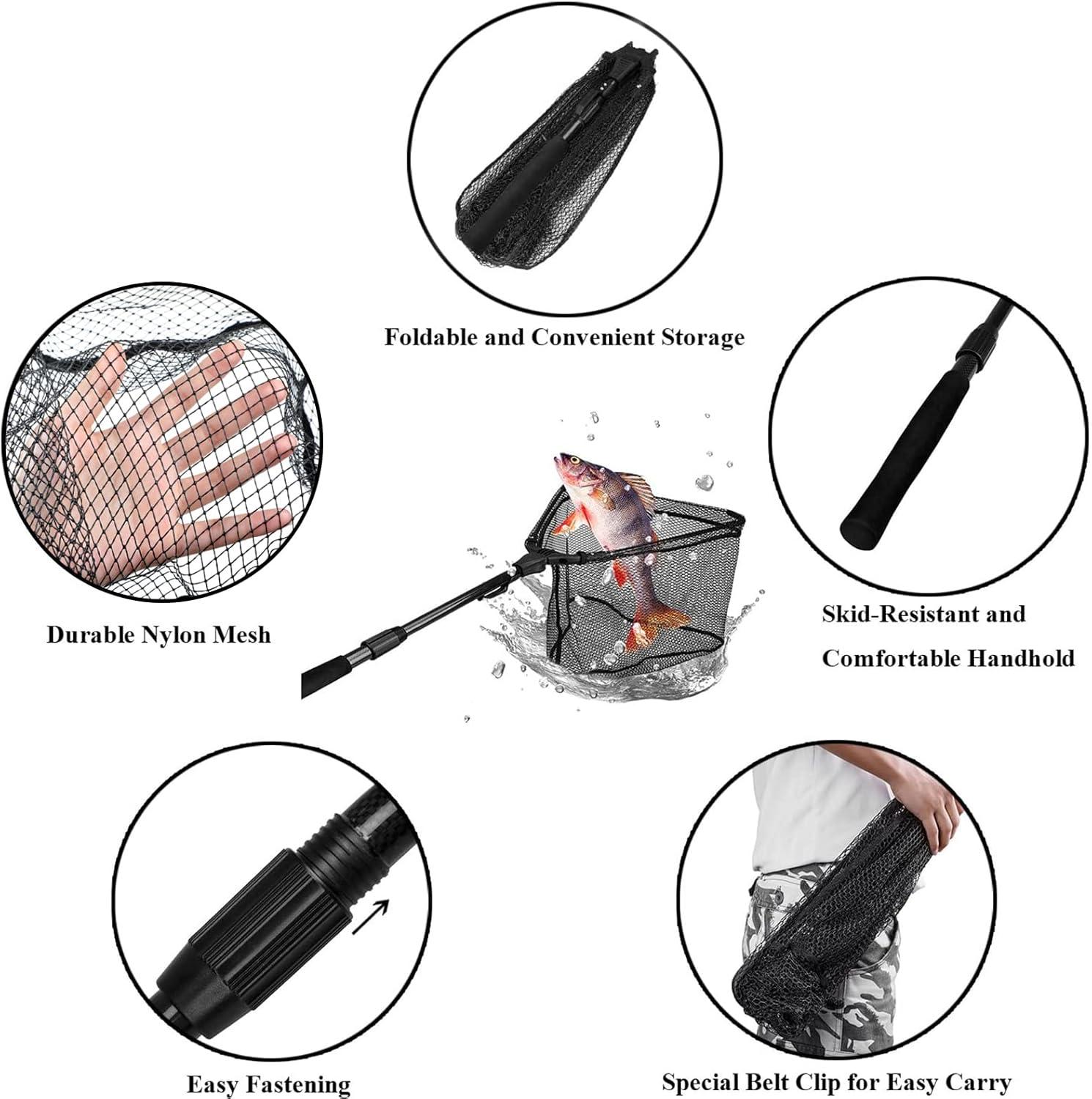 image:imagePLUSINNO Fishing Net Fish Floating Landing Net Kayak Nets with Fixed Foldable Telescopic Pole Handle Bass Trout Fishing Nets with Nylon Mesh for Pond Lake River Fishing Gear Gifts for Men Anglers1640cm Hoop Size Telescopic Pole
