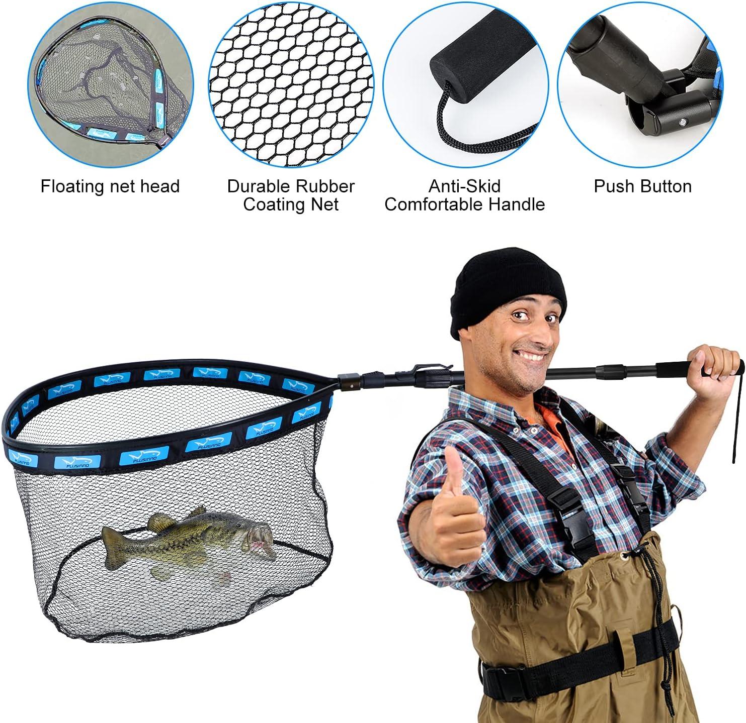 image:imagePLUSINNO Fishing Net Fish Floating Landing Net Kayak Nets with Fixed Foldable Telescopic Pole Handle Bass Trout Fishing Nets with Nylon Mesh for Pond Lake River Fishing Gear Gifts for Men Anglers19750cm Hoop Size 15M BlueExtendable