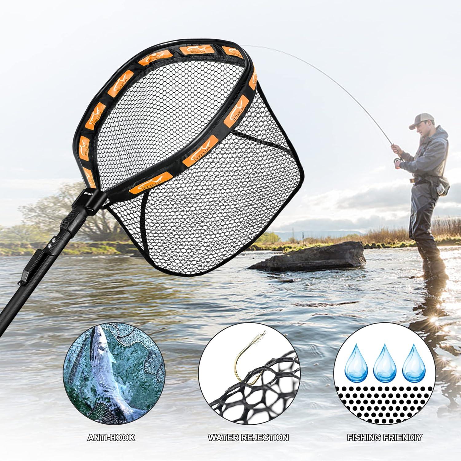 image:imagePLUSINNO Fishing Net Fish Floating Landing Net Kayak Nets with Fixed Foldable Telescopic Pole Handle Bass Trout Fishing Nets with Nylon Mesh for Pond Lake River Fishing Gear Gifts for Men Anglers11830cm Hoop Size 10M OrangeExtendable