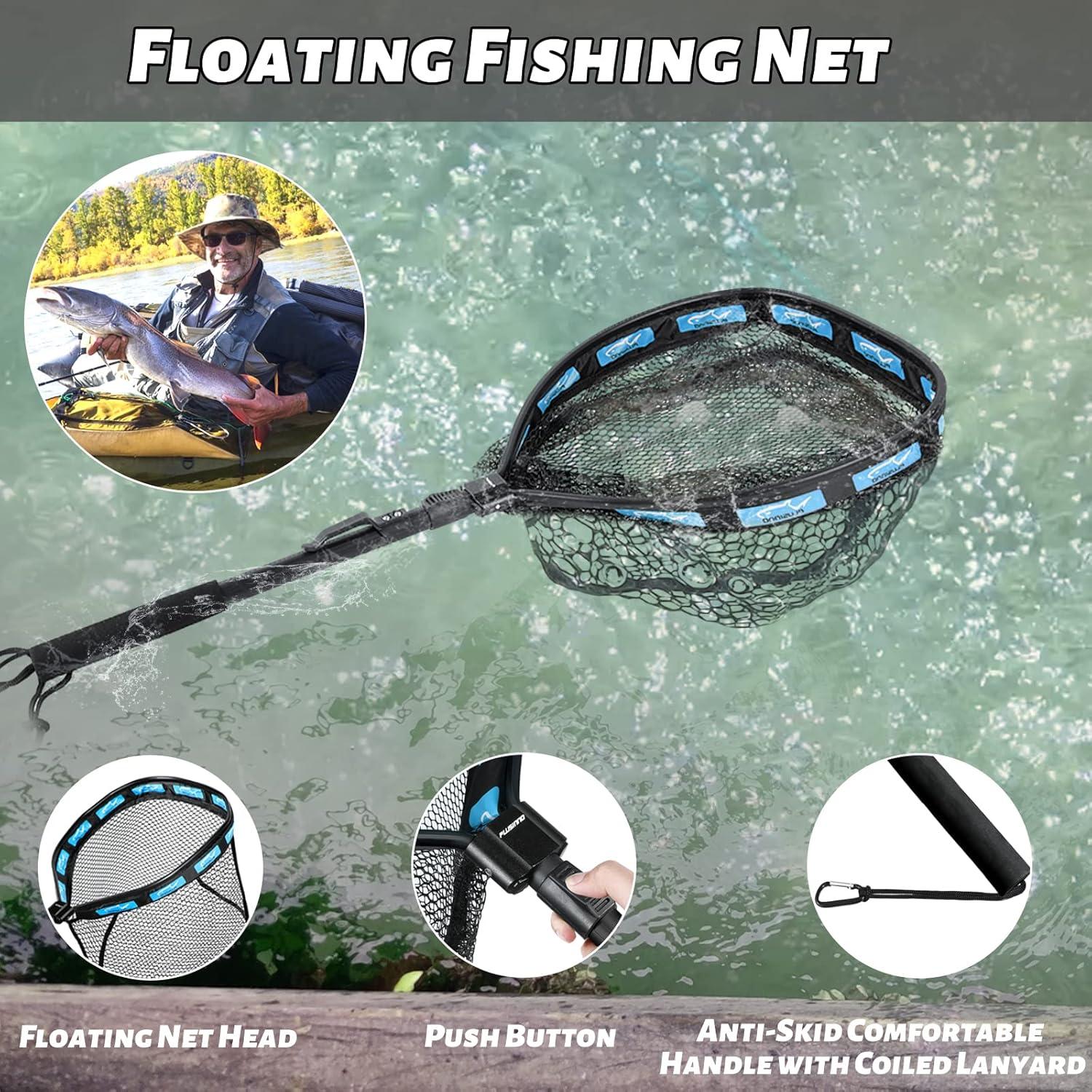 image:imagePLUSINNO Fishing Net Fish Floating Landing Net Kayak Nets with Fixed Foldable Telescopic Pole Handle Bass Trout Fishing Nets with Nylon Mesh for Pond Lake River Fishing Gear Gifts for Men Anglers11830cm Hoop Size 10M BlueExtendable