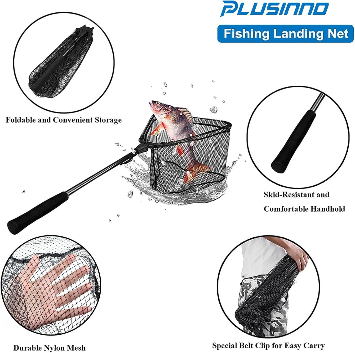 image:imagePLUSINNO Fishing Net Fish Floating Landing Net Kayak Nets with Fixed Foldable Telescopic Pole Handle Bass Trout Fishing Nets with Nylon Mesh for Pond Lake River Fishing Gear Gifts for Men Anglers11830cm Hoop Size 08M BlackNot Extendable