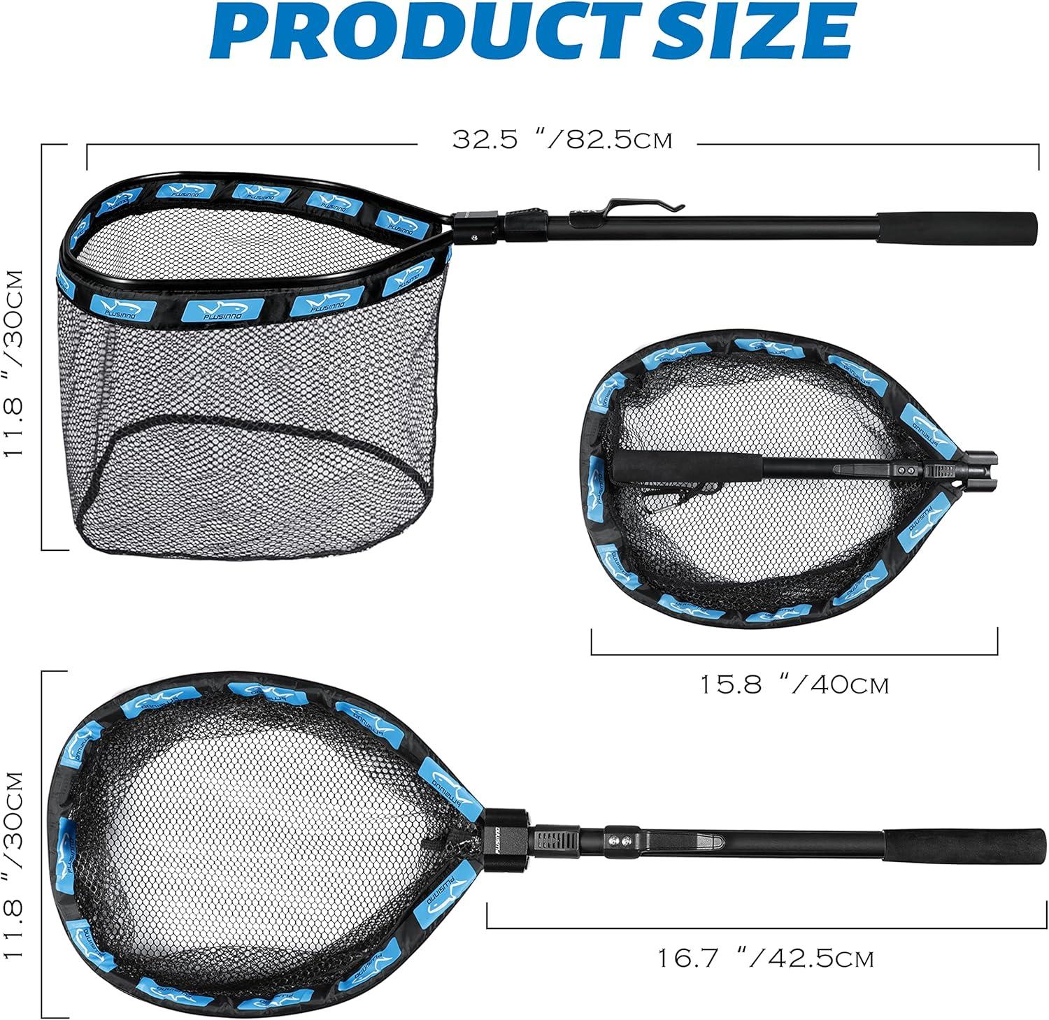 image:imagePLUSINNO Fishing Net Fish Floating Landing Net Kayak Nets with Fixed Foldable Telescopic Pole Handle Bass Trout Fishing Nets with Nylon Mesh for Pond Lake River Fishing Gear Gifts for Men Anglers11830cm Hoop Size 08M BlueNot Extendable