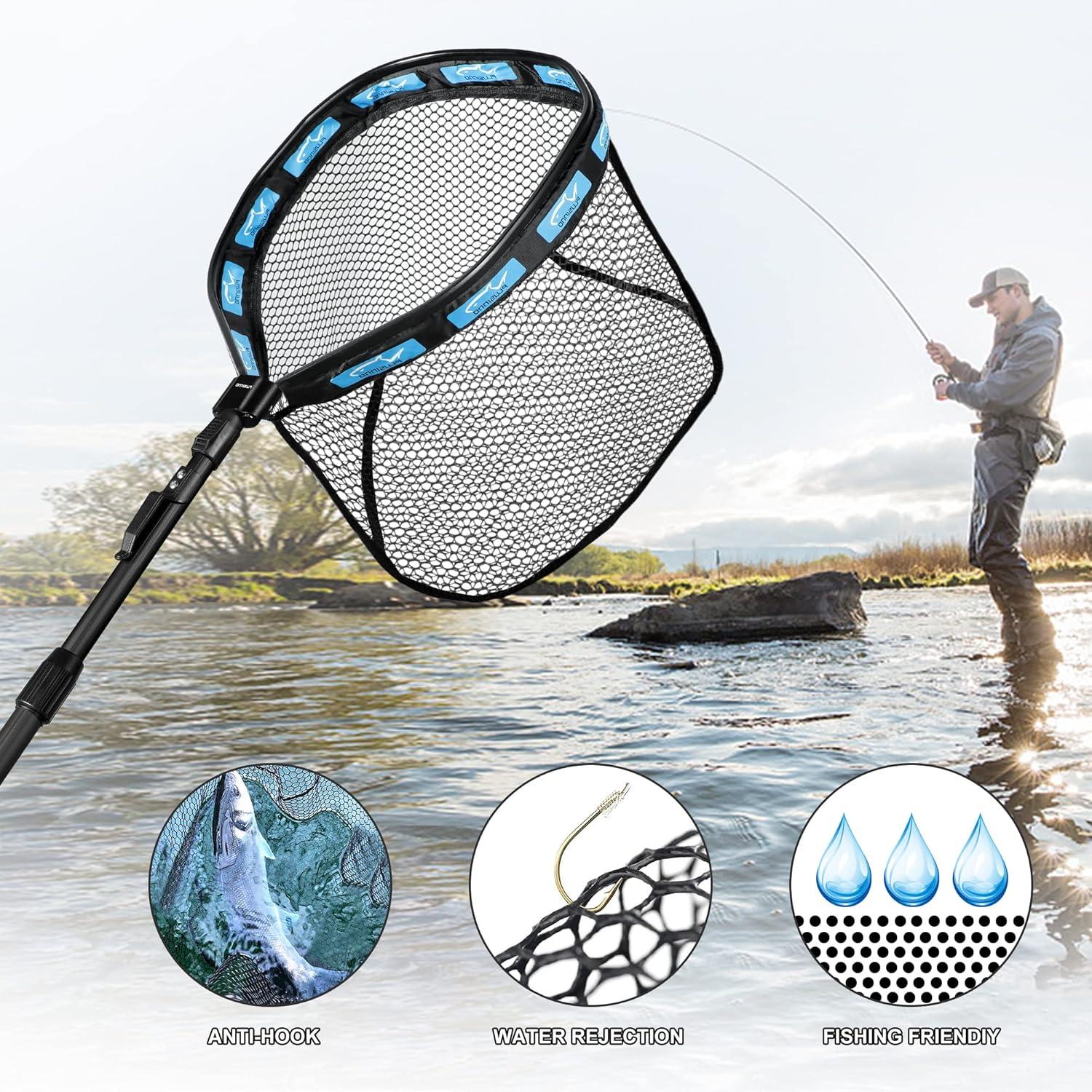 image:imagePLUSINNO Fishing Net Fish Floating Landing Net Kayak Nets with Fixed Foldable Telescopic Pole Handle Bass Trout Fishing Nets with Nylon Mesh for Pond Lake River Fishing Gear Gifts for Men Anglers11830cm Hoop Size 10M BlueExtendable