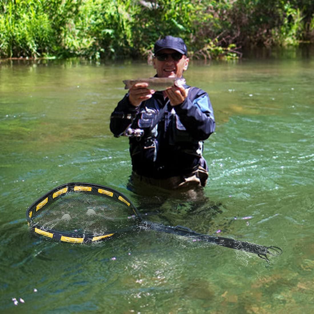 image:imagePLUSINNO Fishing Net Fish Floating Landing Net Kayak Nets with Fixed Foldable Telescopic Pole Handle Bass Trout Fishing Nets with Nylon Mesh for Pond Lake River Fishing Gear Gifts for Men Anglers19750cm Hoop Size 15M OrangeExtendable