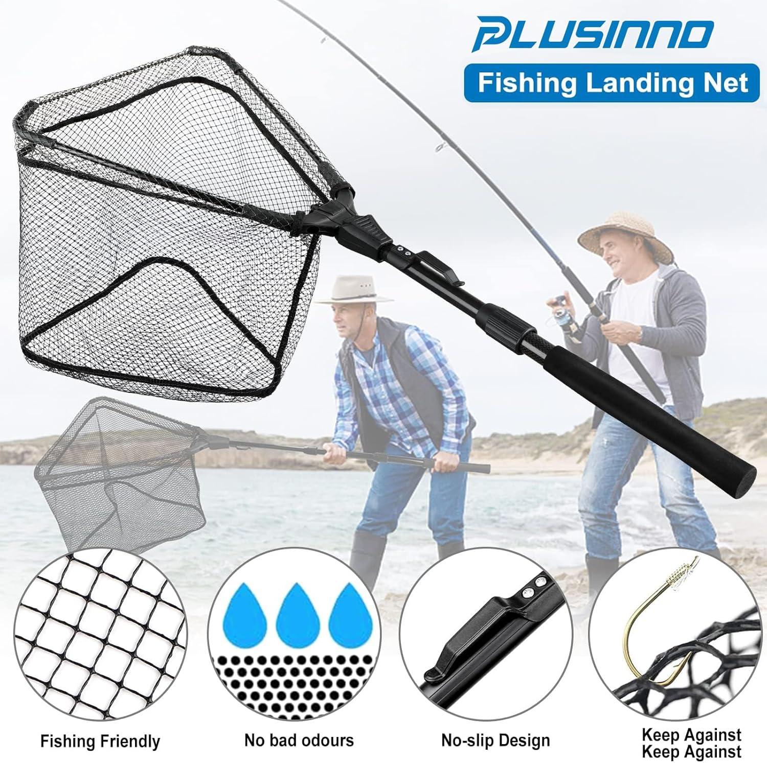 image:imagePLUSINNO Fishing Net Fish Floating Landing Net Kayak Nets with Fixed Foldable Telescopic Pole Handle Bass Trout Fishing Nets with Nylon Mesh for Pond Lake River Fishing Gear Gifts for Men Anglers16241cm Hoop Size Telescopic Pole