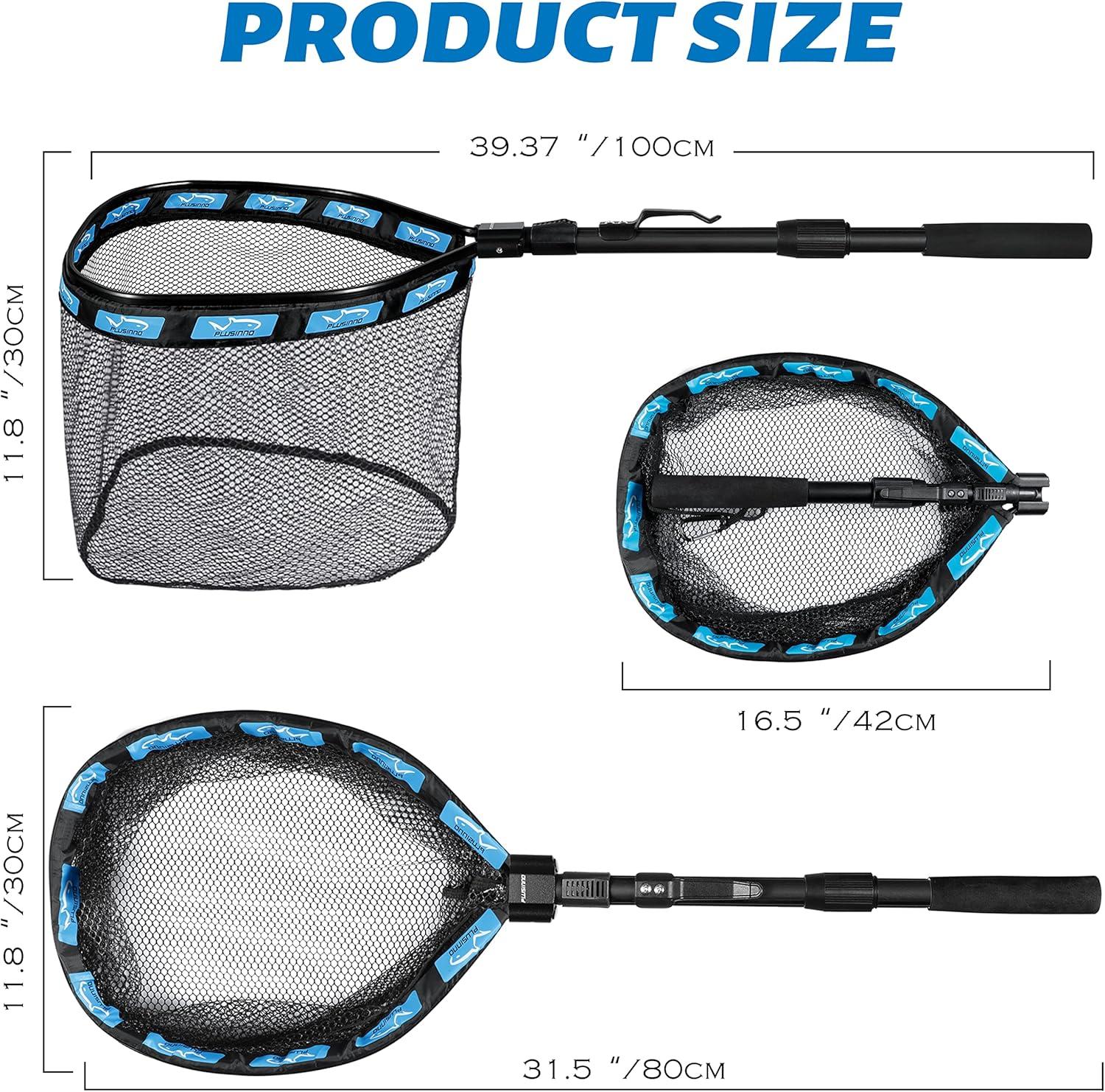 image:imagePLUSINNO Fishing Net Fish Floating Landing Net Kayak Nets with Fixed Foldable Telescopic Pole Handle Bass Trout Fishing Nets with Nylon Mesh for Pond Lake River Fishing Gear Gifts for Men Anglers11830cm Hoop Size 10M BlueExtendable