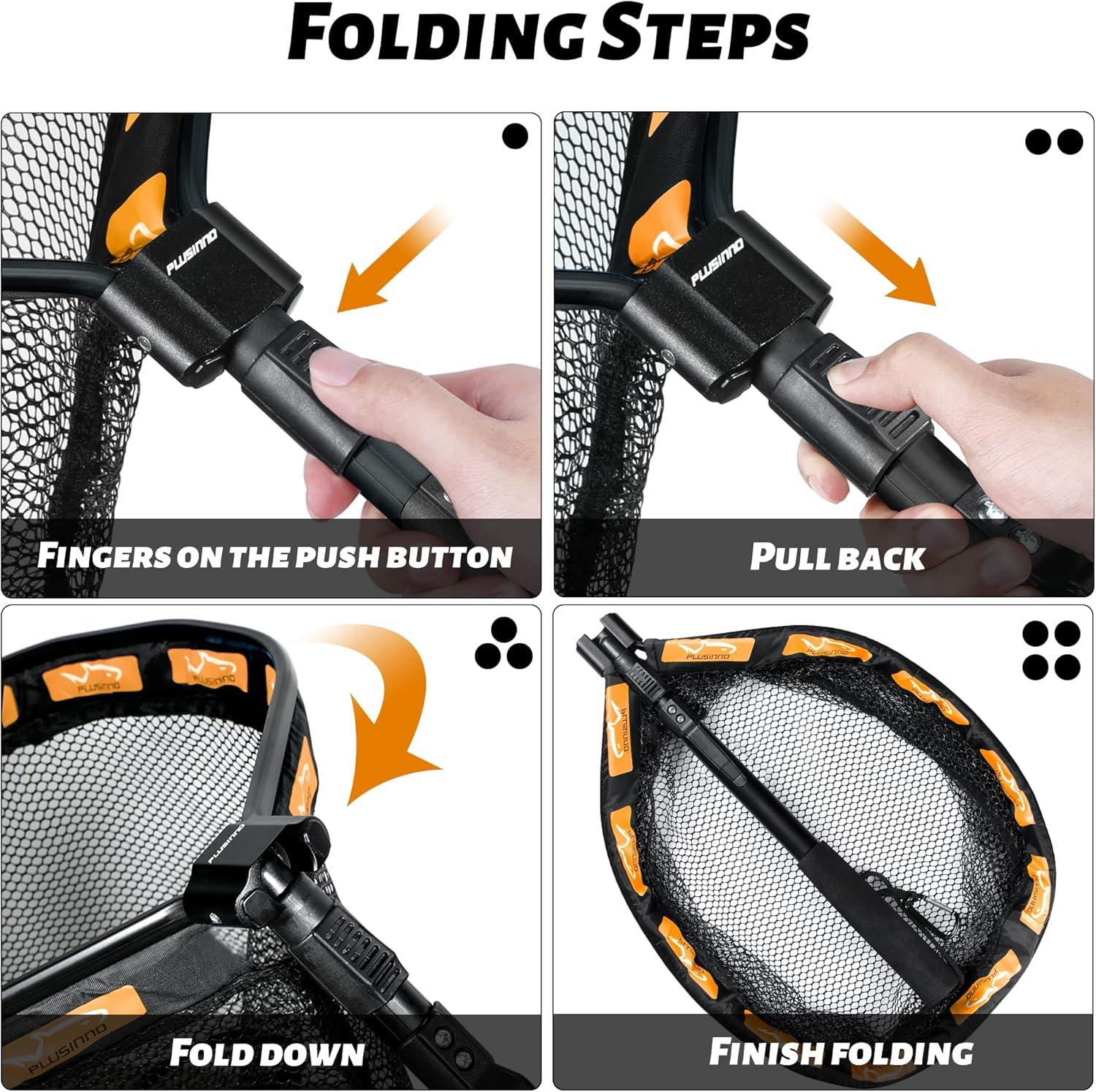image:imagePLUSINNO Fishing Net Fish Floating Landing Net Kayak Nets with Fixed Foldable Telescopic Pole Handle Bass Trout Fishing Nets with Nylon Mesh for Pond Lake River Fishing Gear Gifts for Men Anglers11830cm Hoop Size 10M OrangeExtendable
