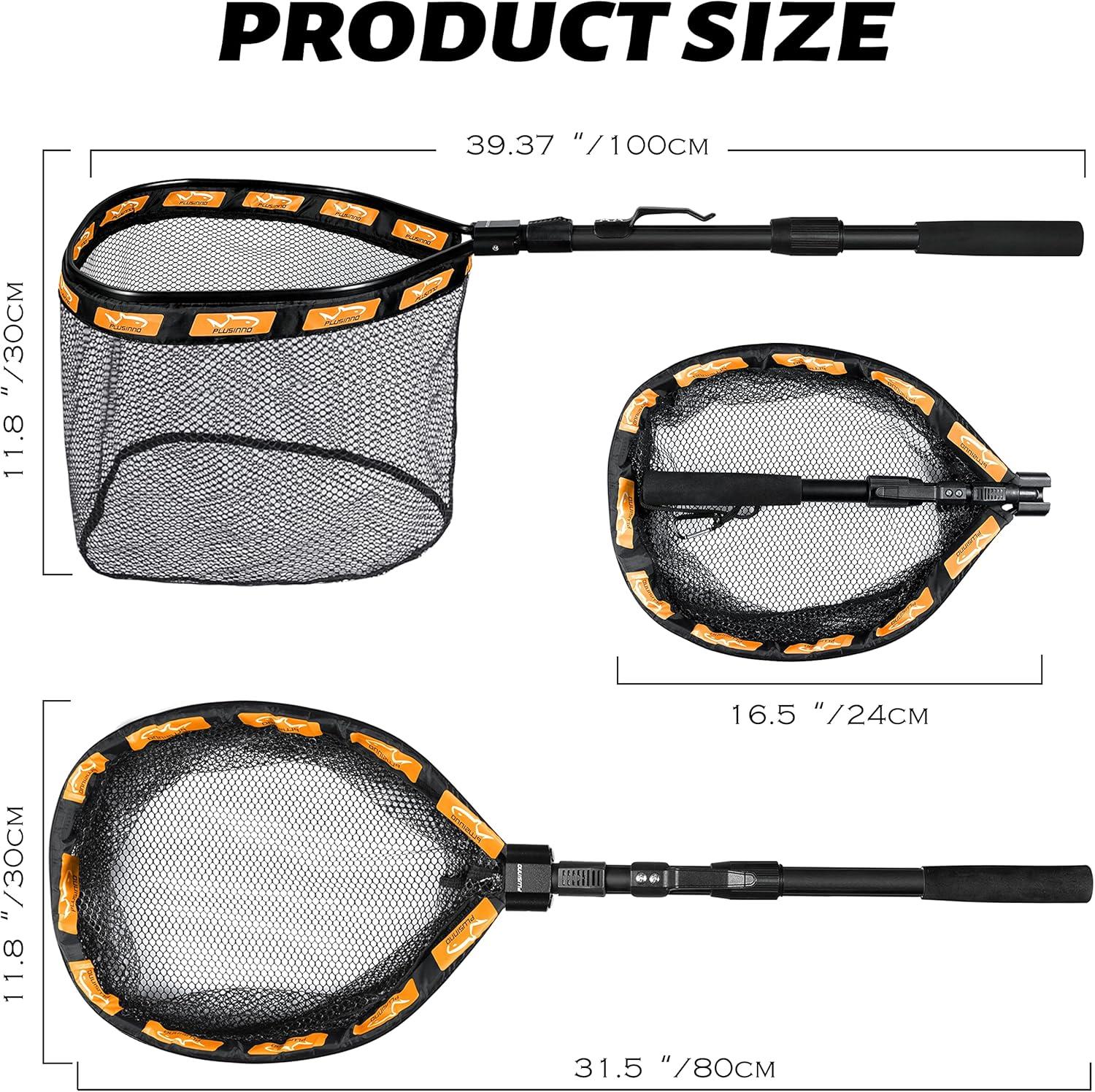 image:imagePLUSINNO Fishing Net Fish Floating Landing Net Kayak Nets with Fixed Foldable Telescopic Pole Handle Bass Trout Fishing Nets with Nylon Mesh for Pond Lake River Fishing Gear Gifts for Men Anglers11830cm Hoop Size 10M OrangeExtendable