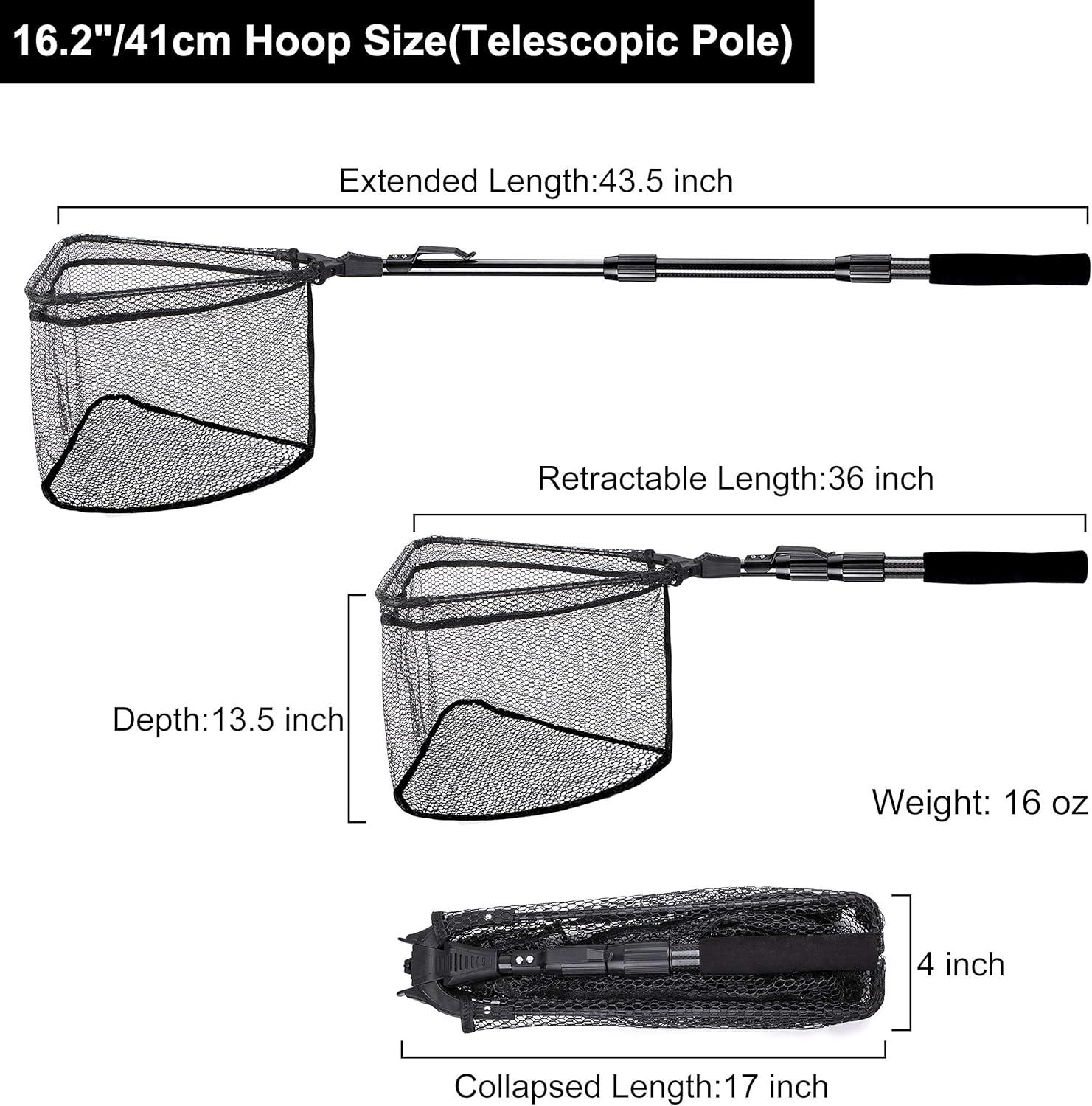 image:imagePLUSINNO Fishing Net Fish Floating Landing Net Kayak Nets with Fixed Foldable Telescopic Pole Handle Bass Trout Fishing Nets with Nylon Mesh for Pond Lake River Fishing Gear Gifts for Men Anglers16241cm Hoop Size Telescopic Pole