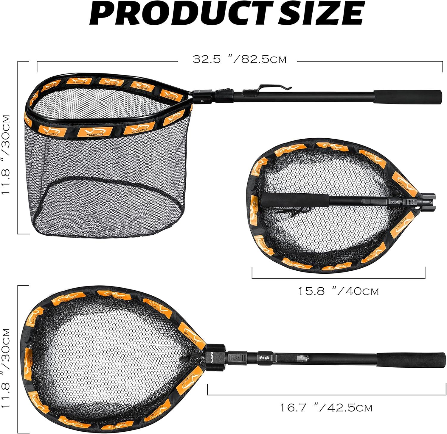 image:imagePLUSINNO Fishing Net Fish Floating Landing Net Kayak Nets with Fixed Foldable Telescopic Pole Handle Bass Trout Fishing Nets with Nylon Mesh for Pond Lake River Fishing Gear Gifts for Men Anglers11830cm Hoop Size 08M OrangeNot Extendable