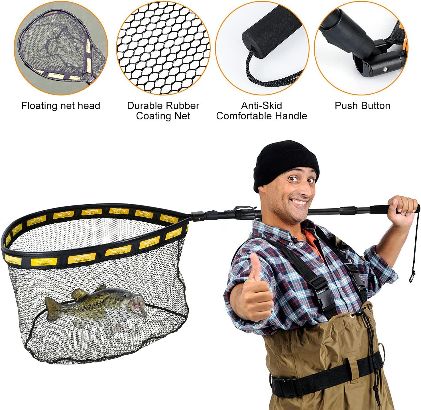 image:imagePLUSINNO Fishing Net Fish Floating Landing Net Kayak Nets with Fixed Foldable Telescopic Pole Handle Bass Trout Fishing Nets with Nylon Mesh for Pond Lake River Fishing Gear Gifts for Men Anglers19750cm Hoop Size 15M OrangeExtendable