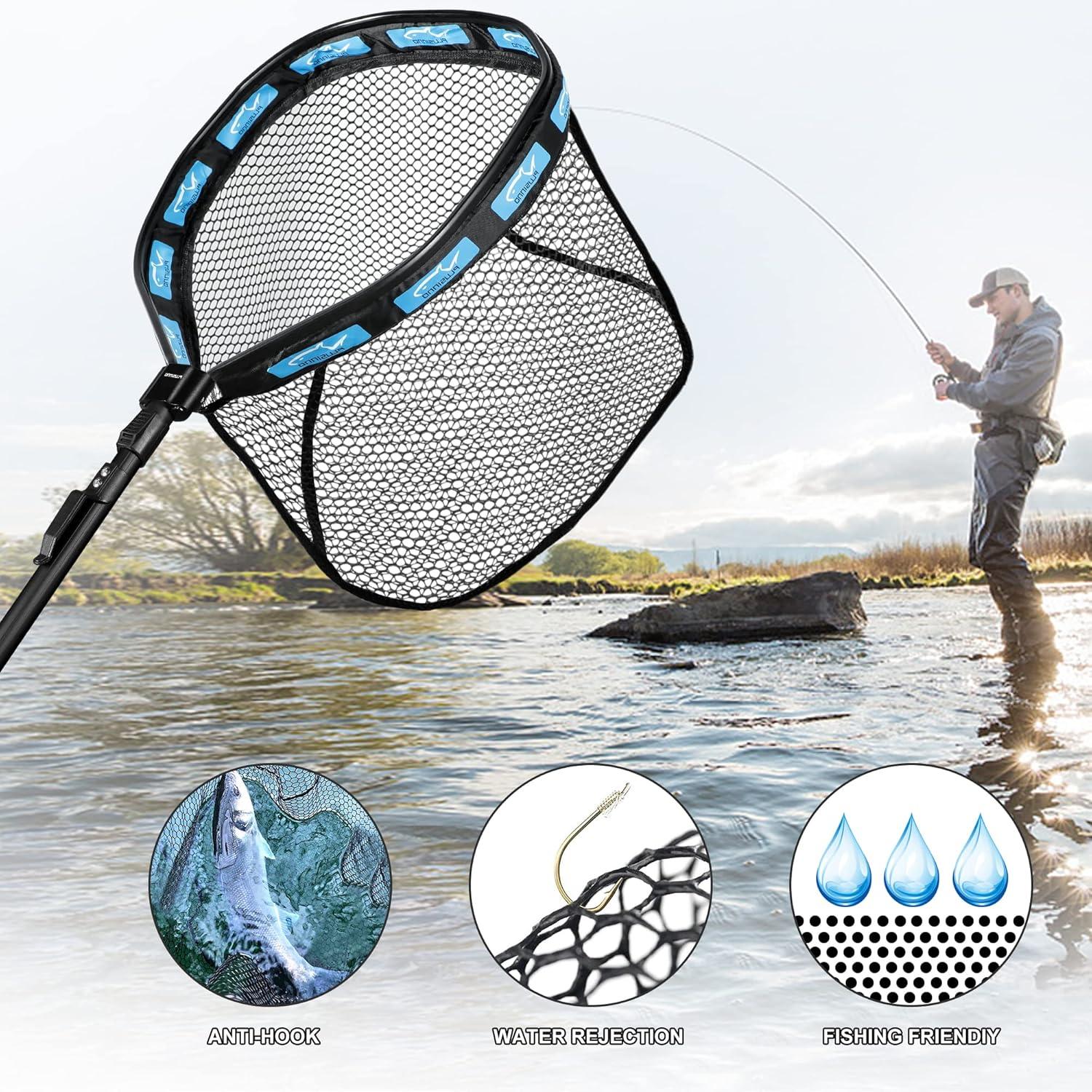 image:imagePLUSINNO Fishing Net Fish Floating Landing Net Kayak Nets with Fixed Foldable Telescopic Pole Handle Bass Trout Fishing Nets with Nylon Mesh for Pond Lake River Fishing Gear Gifts for Men Anglers11830cm Hoop Size 08M BlueNot Extendable