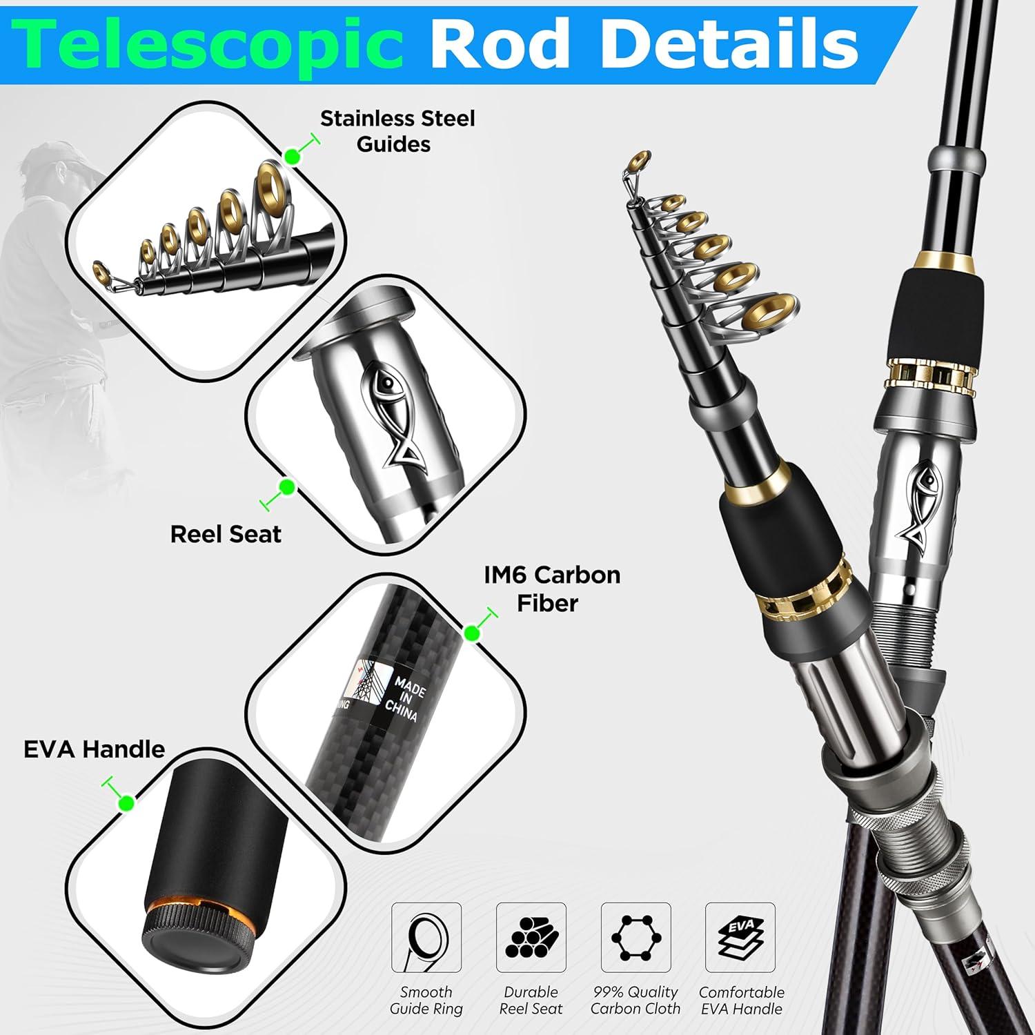 image:imagePLUSINNO Fishing Rod Telescopic Fishing Rod and Reel Combo Collapsible Travel Fishing Pole Rod Starter Kit Carbon Fiber Fishing Rods and 12 1 Bearings Stainless Steel Fishing Gifts for Men AdultsFull Kit with Fishing Tackle Box