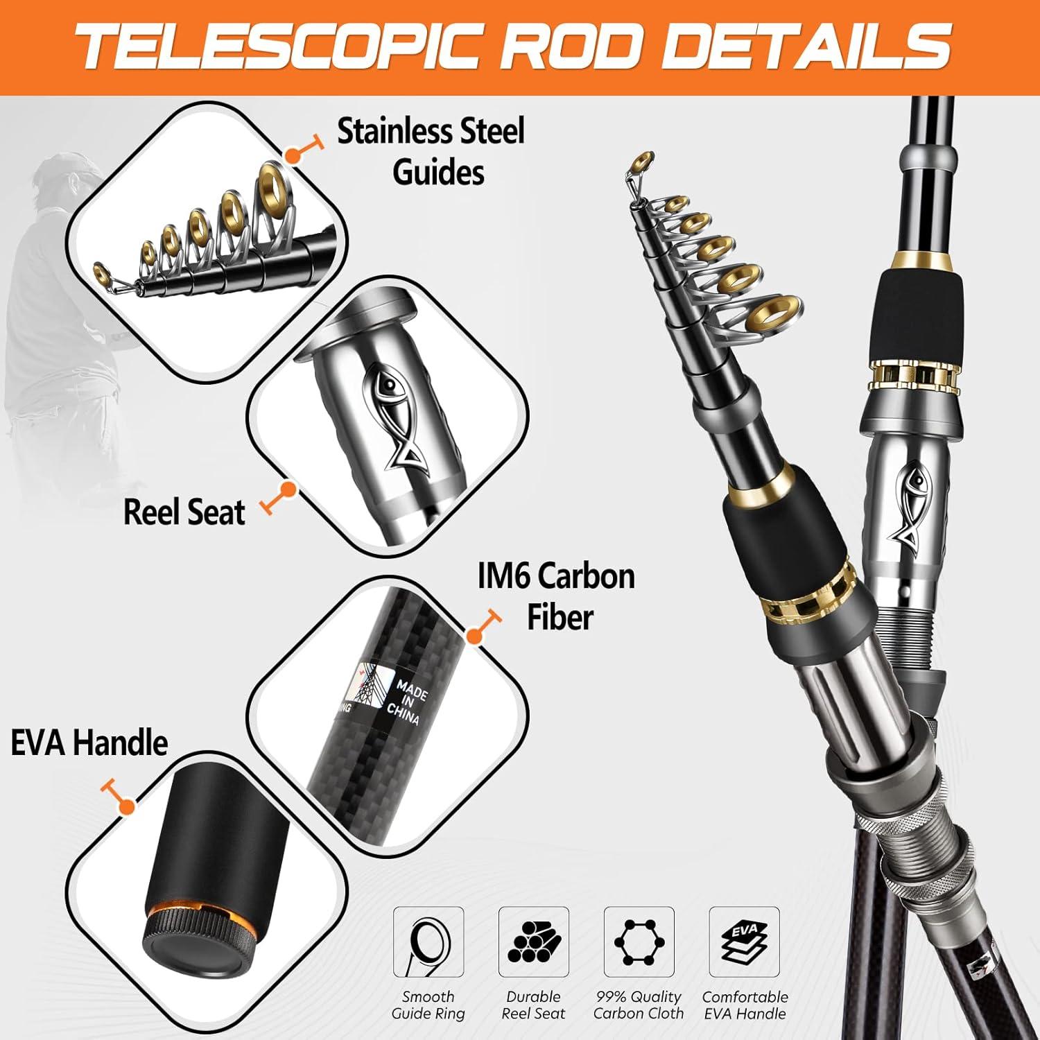 image:imagePLUSINNO Fishing Rod Telescopic Fishing Rod and Reel Combo Collapsible Travel Fishing Pole Rod Starter Kit Carbon Fiber Fishing Rods and 12 1 Bearings Stainless Steel Fishing Gifts for Men AdultsFull Kit with Carrier Case