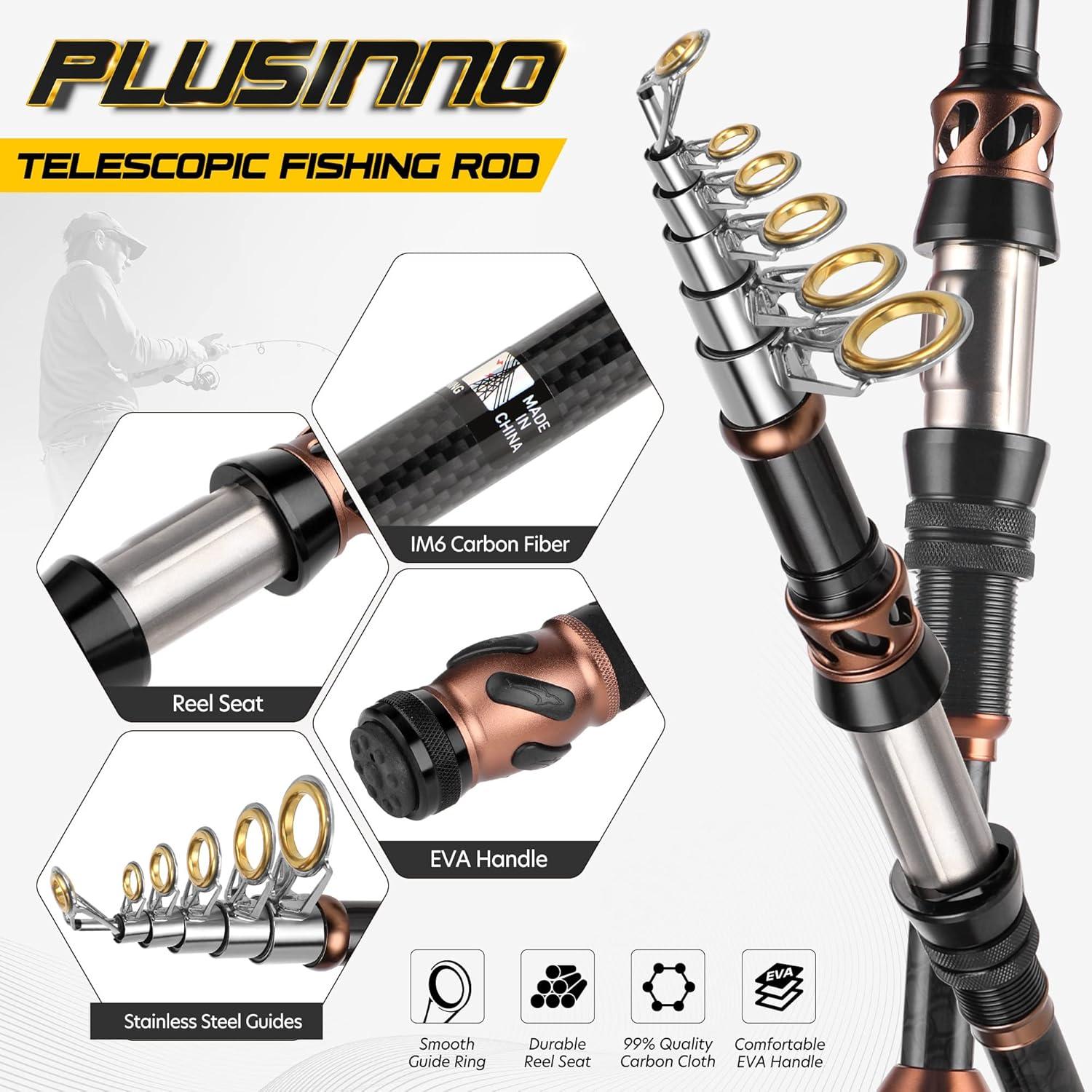 image:imagePLUSINNO Fishing Rod and Reel Combos Carbon Fiber Telescopic Fishing Pole Spinning Reel 12 1 Shielded Bearings Stainless Steel BBFishing rodreelNo LuresLine