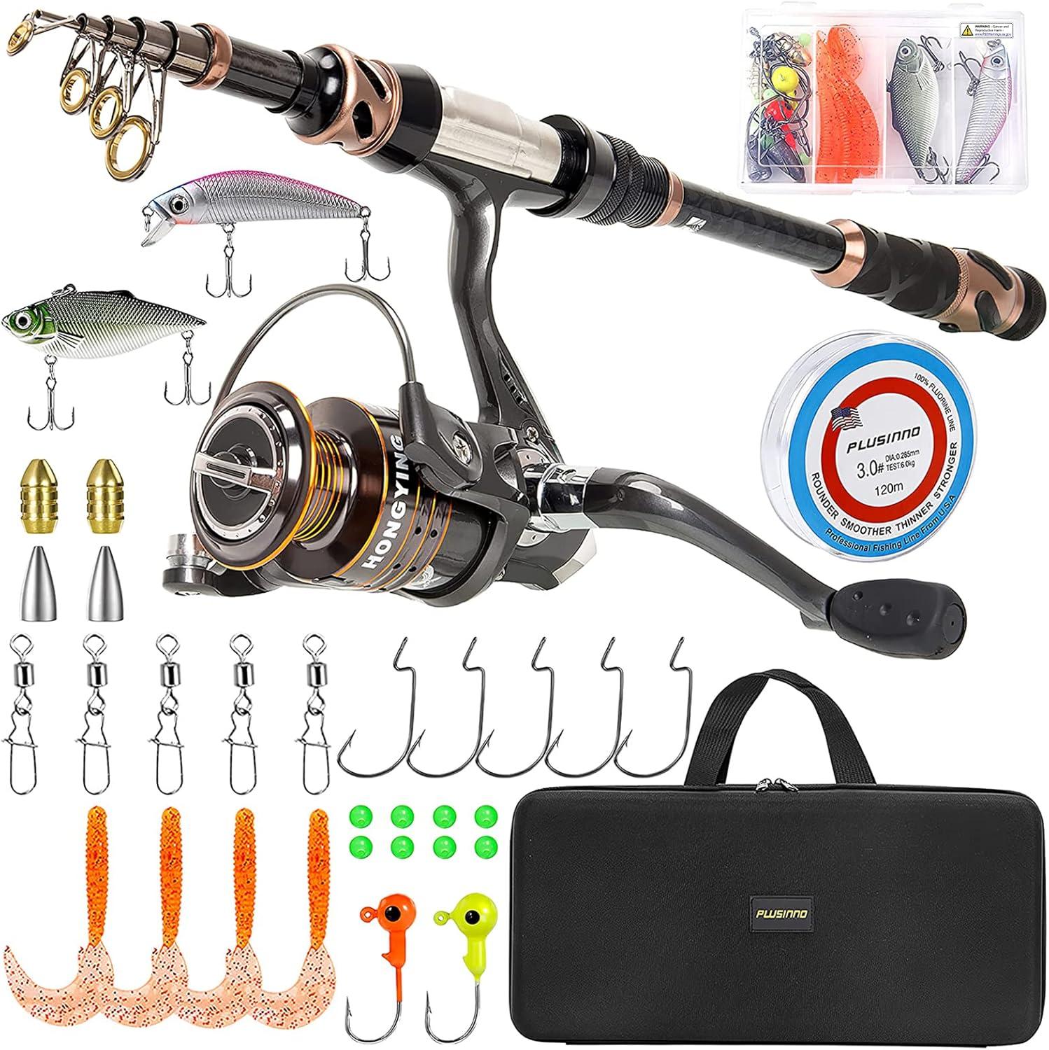 image:imagePLUSINNO Fishing Rod and Reel Combos Carbon Fiber Telescopic Fishing Pole Spinning Reel 12 1 Shielded Bearings Stainless Steel BBFull Kit with Carrier Case