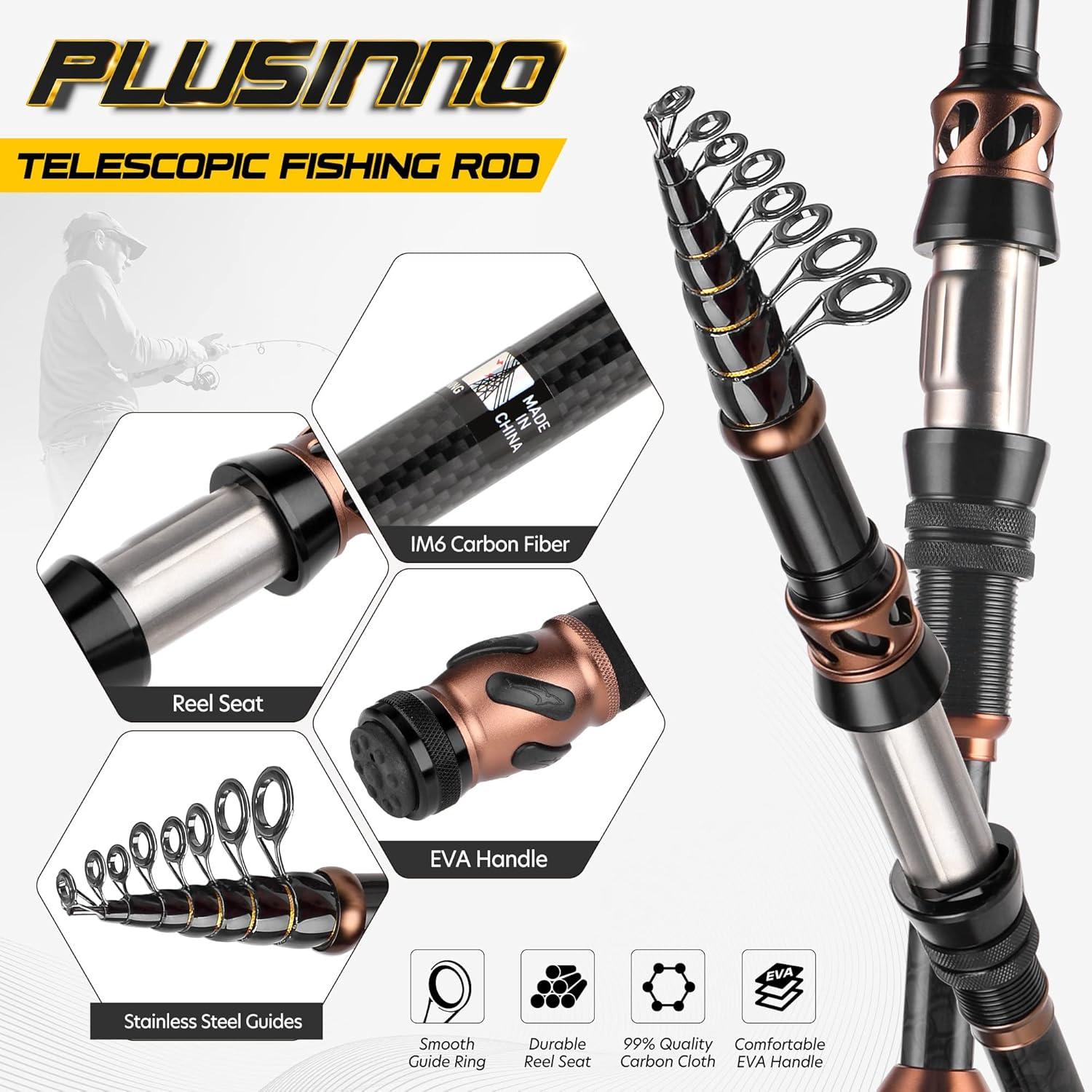image:imagePLUSINNO Fishing Rod and Reel Combos Carbon Fiber Telescopic Fishing Pole Spinning Reel 12 1 Shielded Bearings Stainless Steel BBXFishing rodreelNo LuresLine