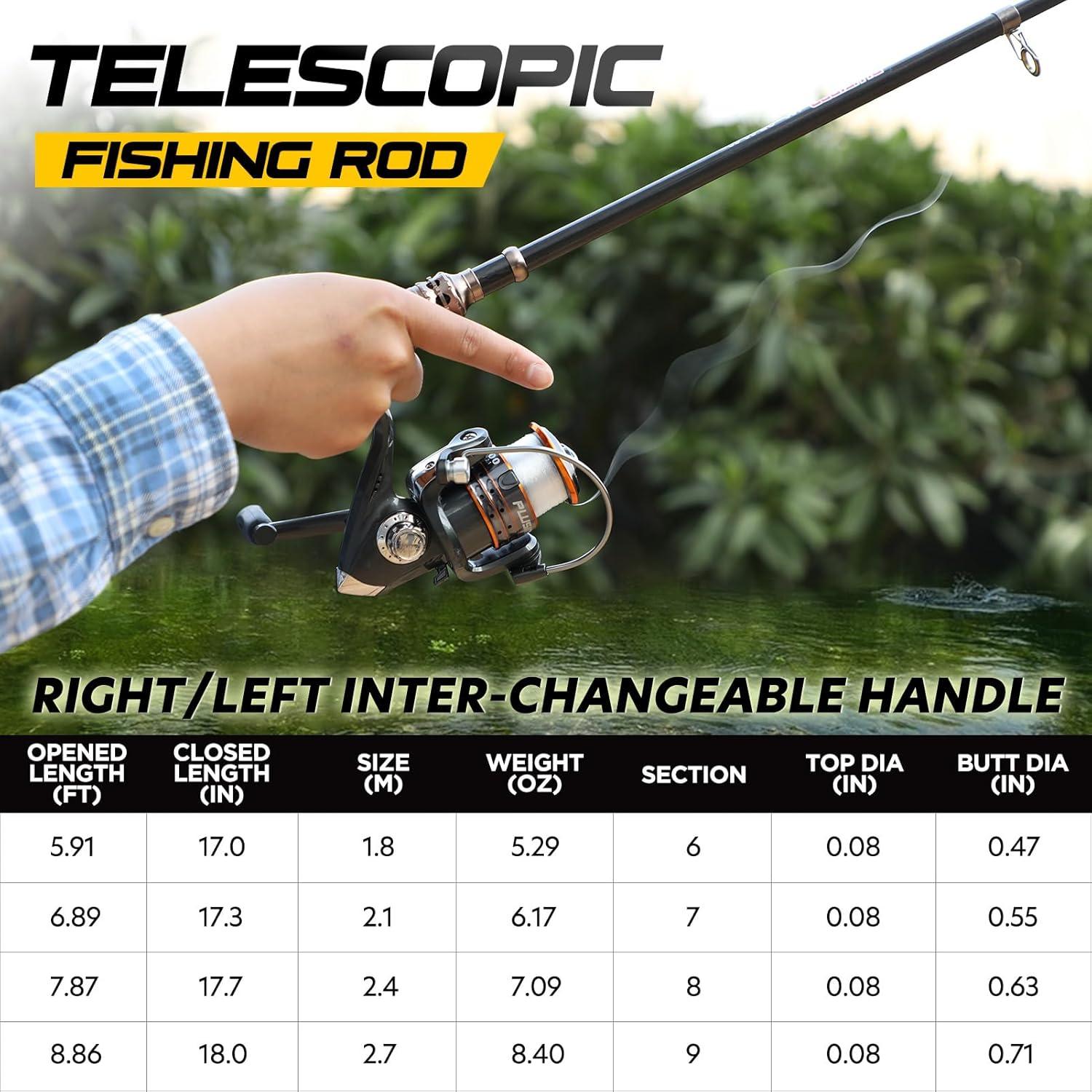 image:imagePLUSINNO Fishing Rod and Reel Combos Carbon Fiber Telescopic Fishing Pole with Reel Combo Sea Saltwater Freshwater Kit Fishing Rod KitFishing rodreelNo LuresLine