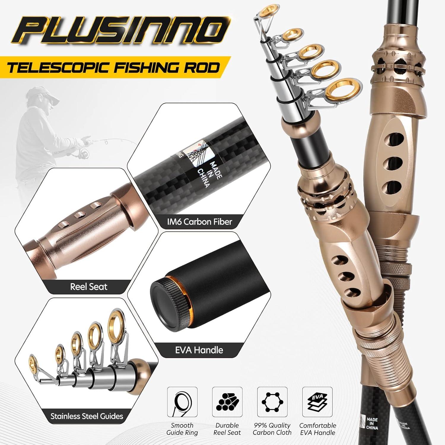image:imagePLUSINNO Fishing Rod and Reel Combos Carbon Fiber Telescopic Fishing Pole with Reel Combo Sea Saltwater Freshwater Kit Fishing Rod KitFishing rodreelNo LuresLine