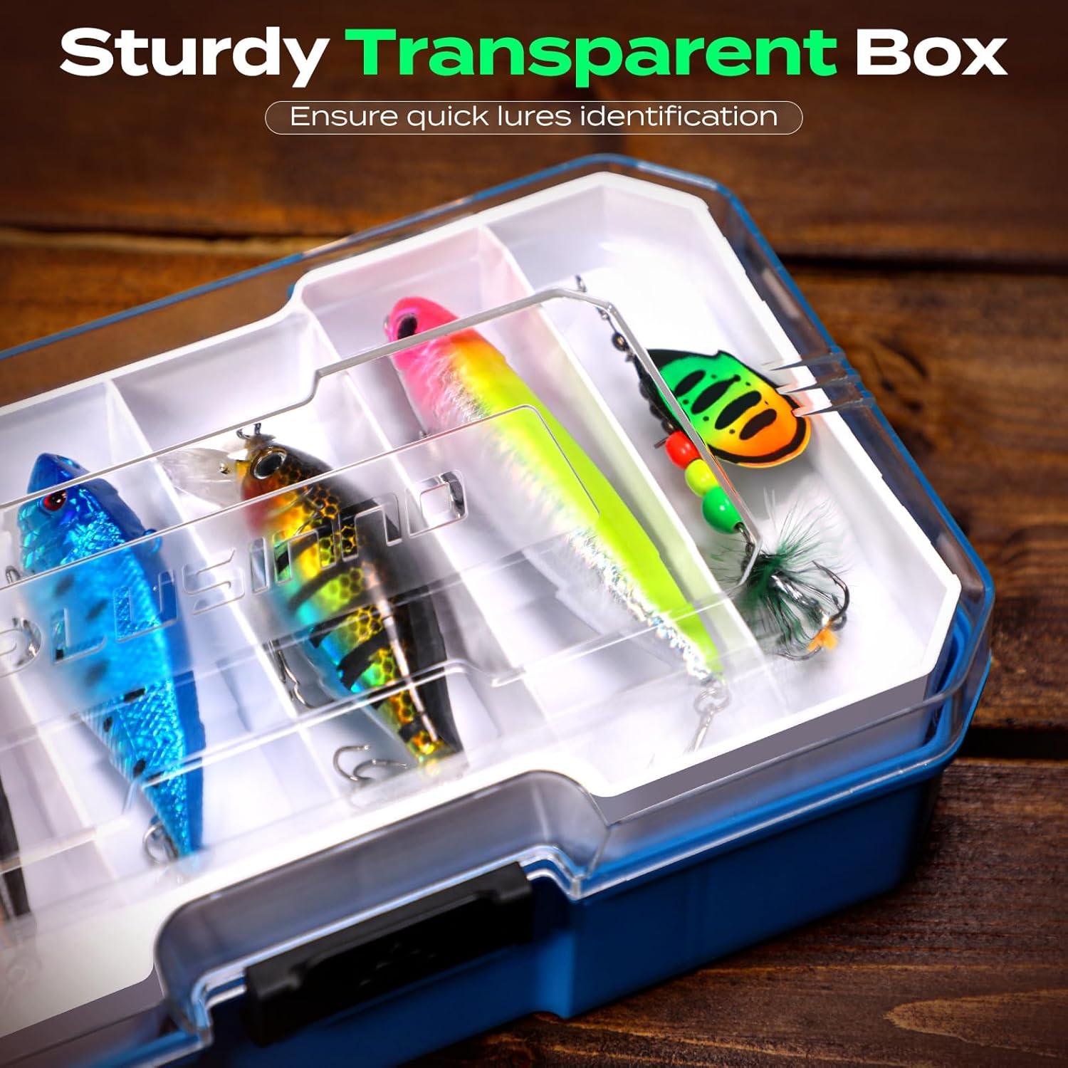 image:imagePLUSINNO Fishing Tackle Box with Tackle Included 373PCS Fishing Lures Kit with Removable Tray Fishing Gear with Pliers Weights Hooks Accessories Fishing Tackle Lure Kit Gifts for Men Bass TroutBlue 373 PCS Lures Box