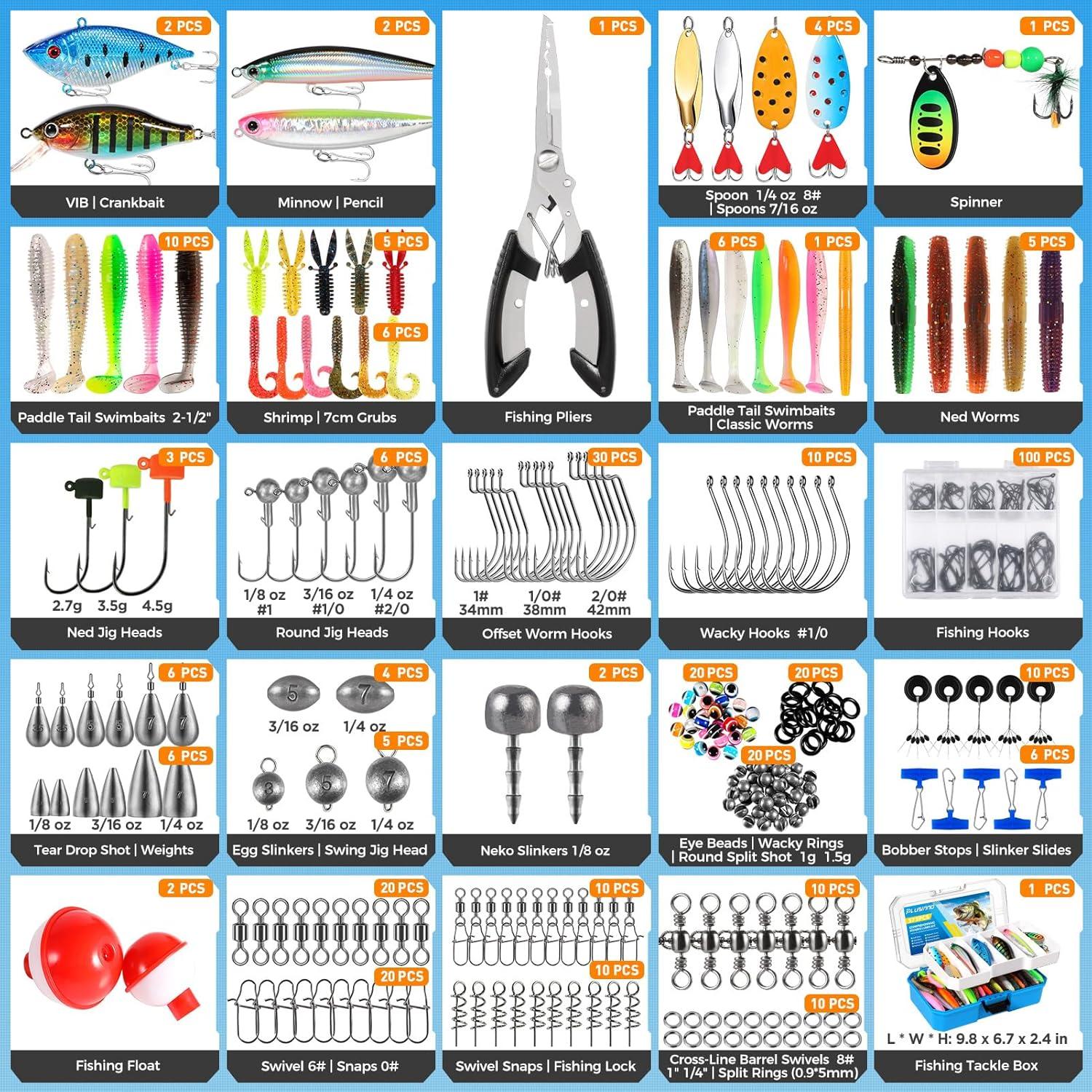 image:imagePLUSINNO Fishing Tackle Box with Tackle Included 373PCS Fishing Lures Kit with Removable Tray Fishing Gear with Pliers Weights Hooks Accessories Fishing Tackle Lure Kit Gifts for Men Bass TroutBlue 373 PCS Lures Box