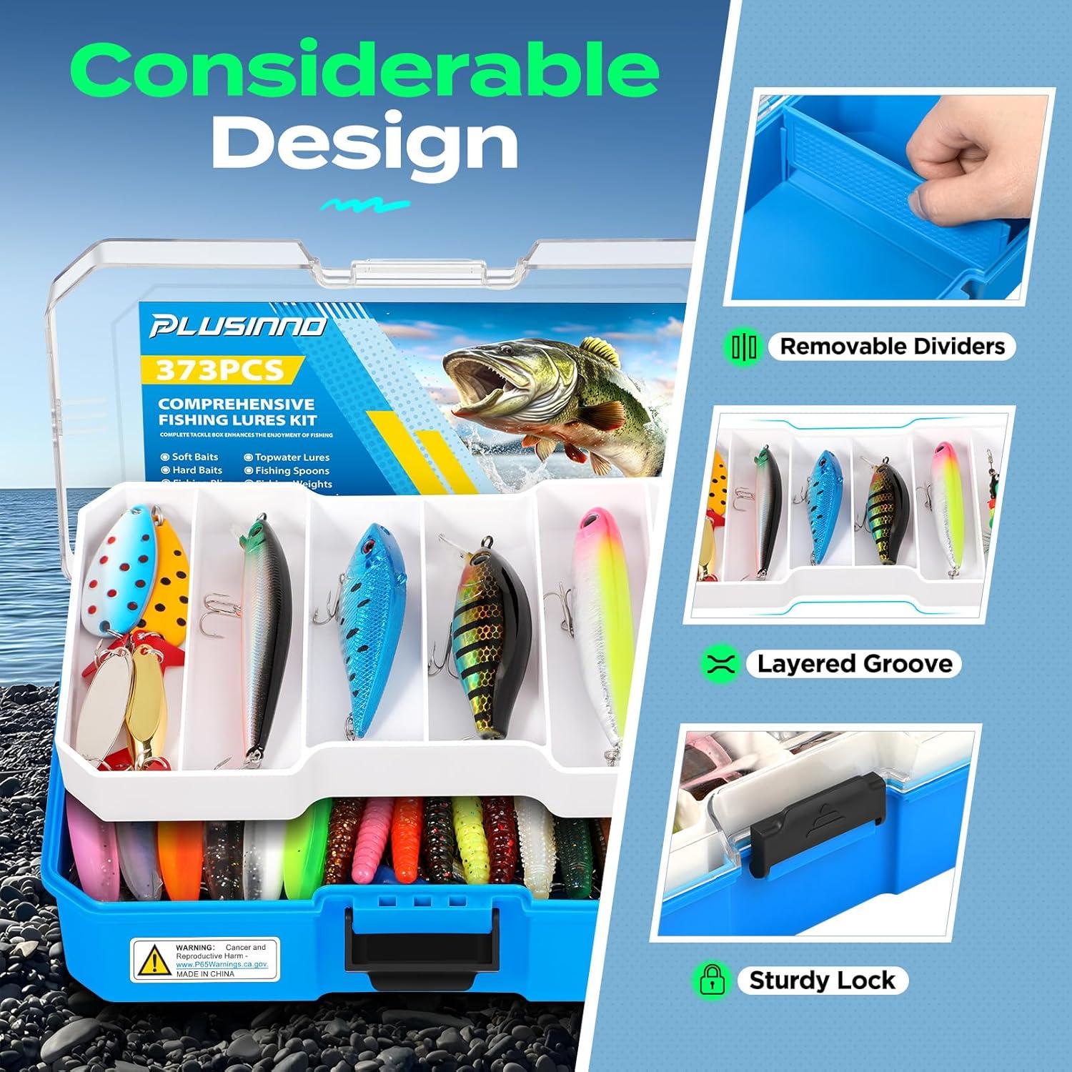 image:imagePLUSINNO Fishing Tackle Box with Tackle Included 373PCS Fishing Lures Kit with Removable Tray Fishing Gear with Pliers Weights Hooks Accessories Fishing Tackle Lure Kit Gifts for Men Bass TroutBlue 373 PCS Lures Box
