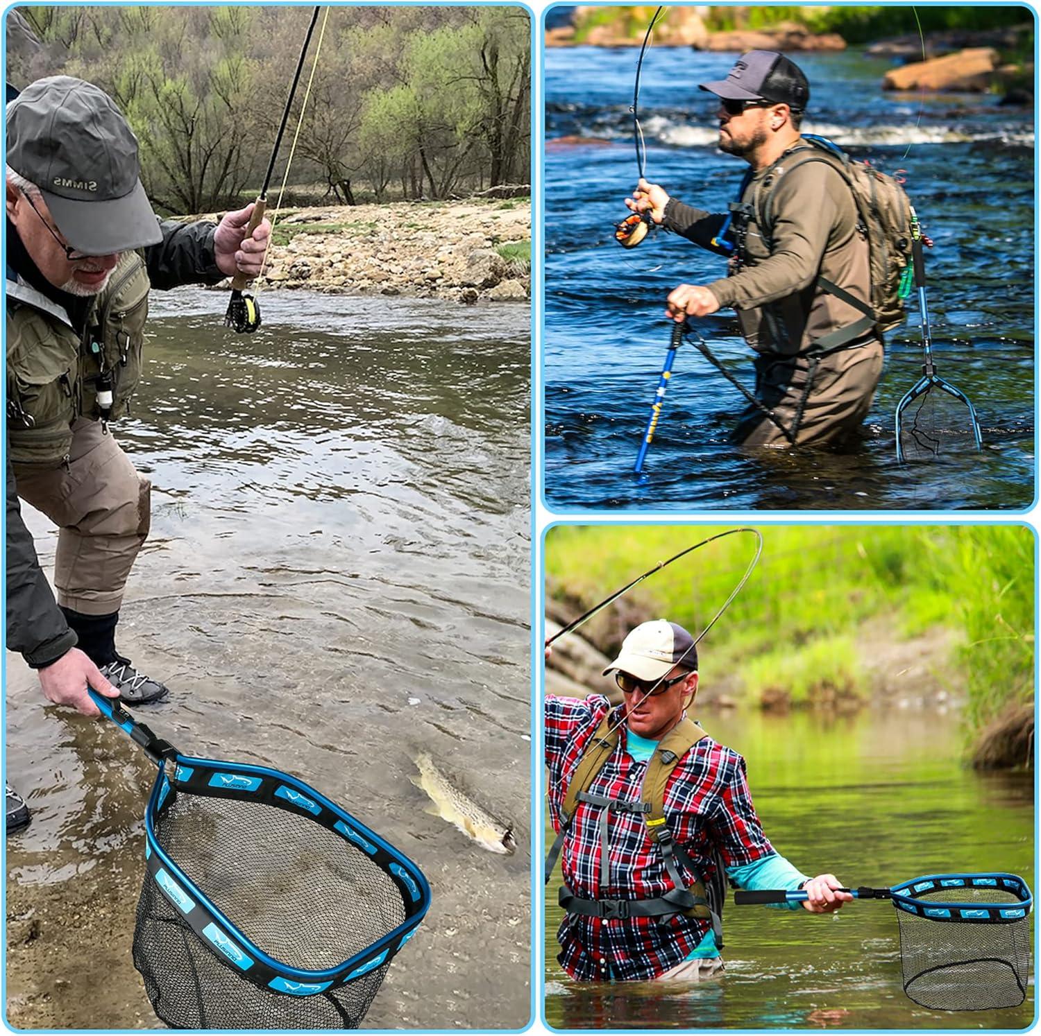 image:imagePLUSINNO Floating Fishing Net for Steelhead Salmon Fly Kayak Catfish Bass Trout Fishing Rubber Coated Foldable Landing Net with Fixed or Telescoping Pole Handle Fishing Gear and Gifts for Men11830cm Hoop Size 08M Blue Pole Fixed Pole
