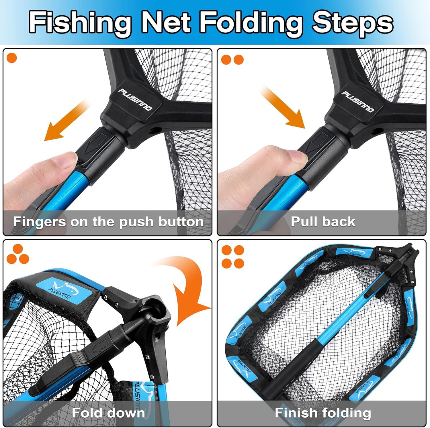 image:imagePLUSINNO Floating Fishing Net for Steelhead Salmon Fly Kayak Catfish Bass Trout Fishing Rubber Coated Foldable Landing Net with Fixed or Telescoping Pole Handle Fishing Gear and Gifts for Men11830cm Hoop Size 08M Blue Pole Fixed Pole