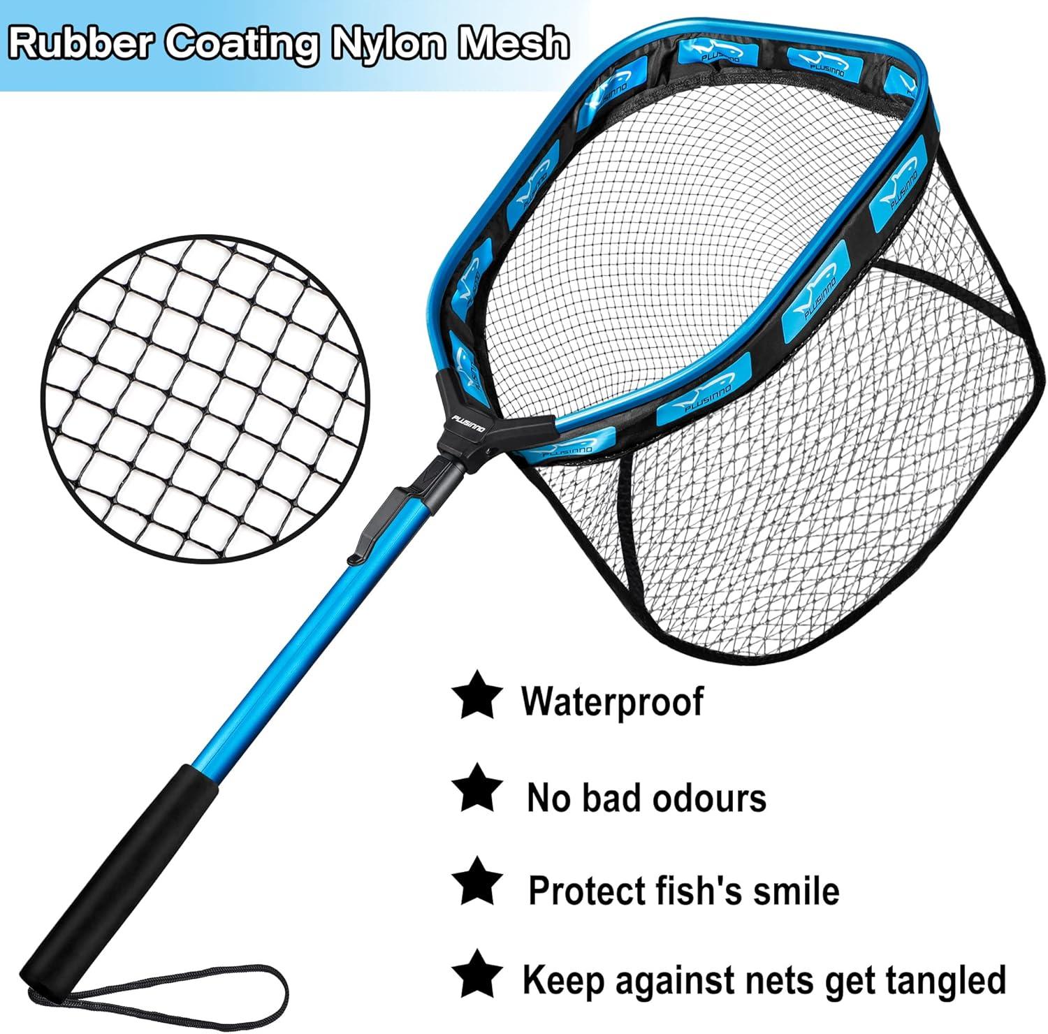 image:imagePLUSINNO Floating Fishing Net for Steelhead Salmon Fly Kayak Catfish Bass Trout Fishing Rubber Coated Foldable Landing Net with Fixed or Telescoping Pole Handle Fishing Gear and Gifts for Men11830cm Hoop Size 08M Blue Pole Fixed Pole
