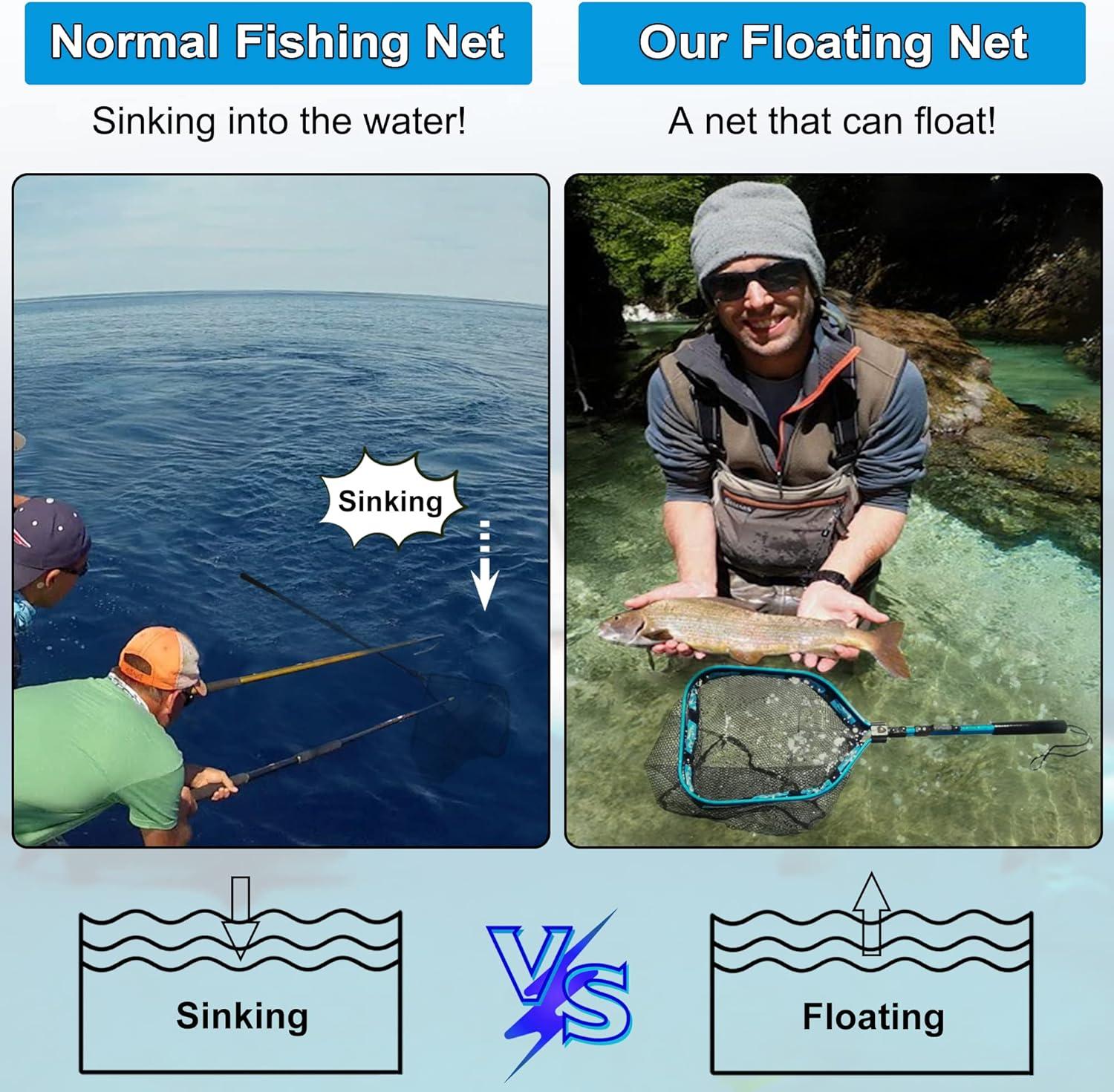 image:imagePLUSINNO Floating Fishing Net for Steelhead Salmon Fly Kayak Catfish Bass Trout Fishing Rubber Coated Foldable Landing Net with Fixed or Telescoping Pole Handle Fishing Gear and Gifts for Men11830cm Hoop Size 08M Blue Pole Fixed Pole