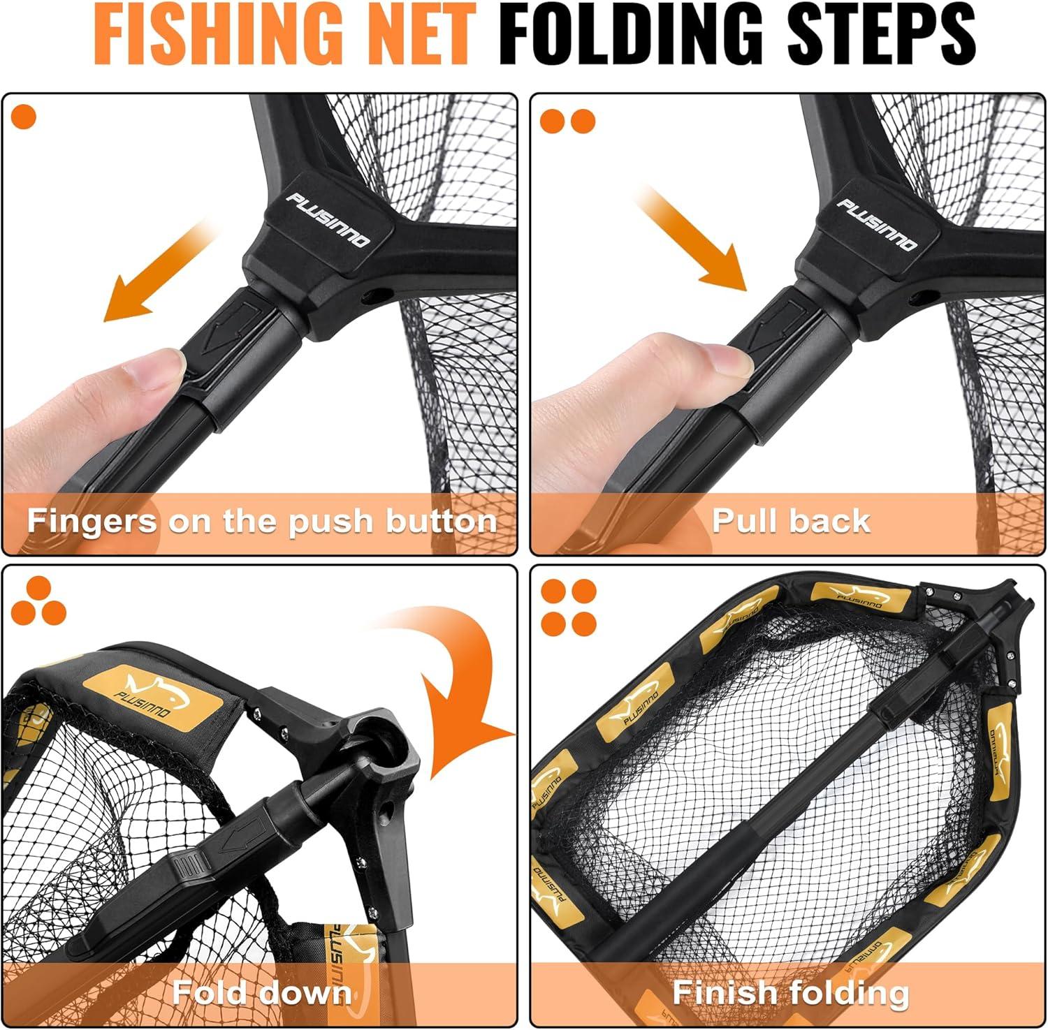 image:imagePLUSINNO Floating Fishing Net for Steelhead Salmon Fly Kayak Catfish Bass Trout Fishing Rubber Coated Foldable Landing Net with Fixed or Telescoping Pole Handle Fishing Gear and Gifts for Men11830cm Hoop Size 10M Orange Telescopic With Accessory