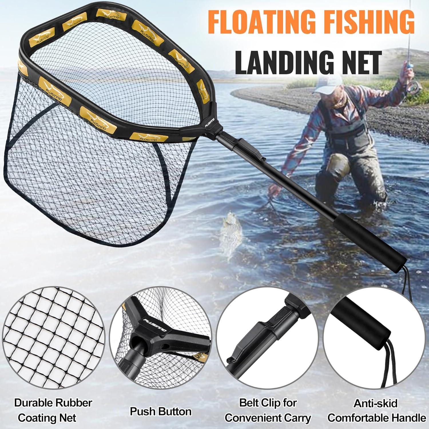 image:imagePLUSINNO Floating Fishing Net for Steelhead Salmon Fly Kayak Catfish Bass Trout Fishing Rubber Coated Foldable Landing Net with Fixed or Telescoping Pole Handle Fishing Gear and Gifts for Men11830cm Hoop Size 08M Orange Fixed PoleWith Accessory