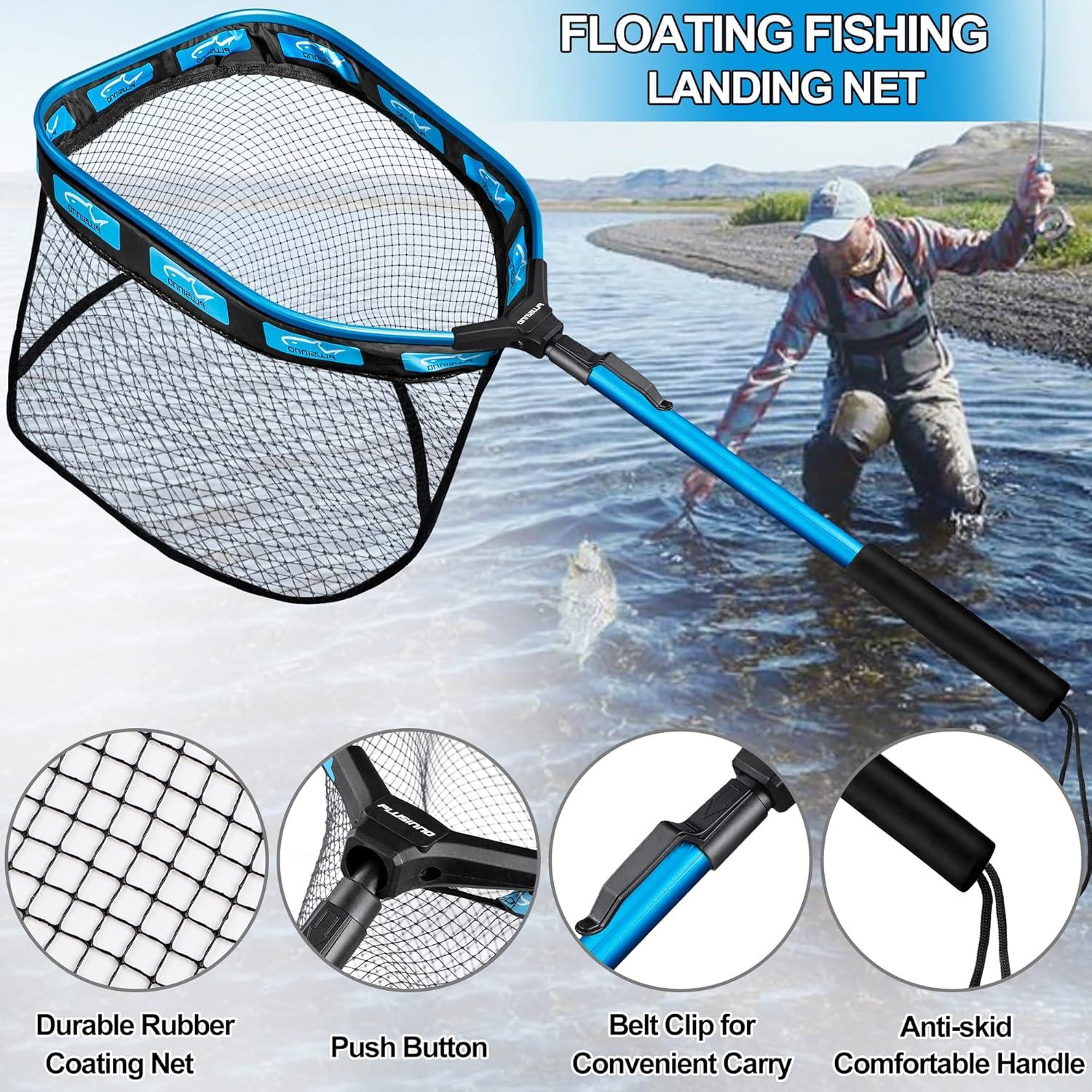 image:imagePLUSINNO Floating Fishing Net for Steelhead Salmon Fly Kayak Catfish Bass Trout Fishing Rubber Coated Foldable Landing Net with Fixed or Telescoping Pole Handle Fishing Gear and Gifts for Men11830cm Hoop Size 08M Blue Pole Fixed Pole