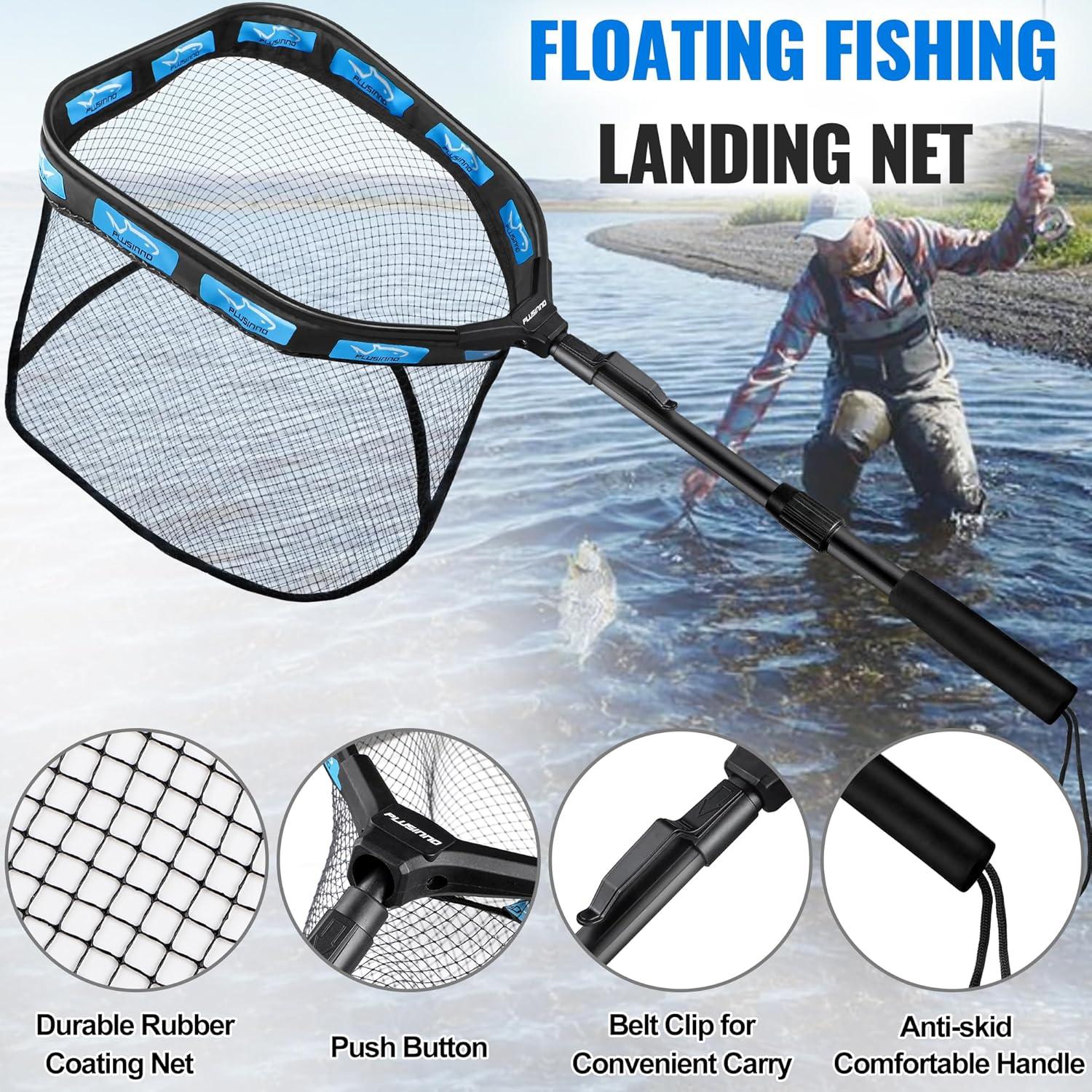 image:imagePLUSINNO Floating Fishing Net for Steelhead Salmon Fly Kayak Catfish Bass Trout Fishing Rubber Coated Foldable Landing Net with Fixed or Telescoping Pole Handle Fishing Gear and Gifts for Men11830cm Hoop Size 10M Blue Telescopic Pole With Accessory