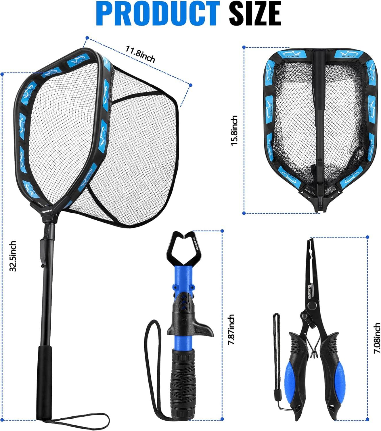 image:imagePLUSINNO Floating Fishing Net for Steelhead Salmon Fly Kayak Catfish Bass Trout Fishing Rubber Coated Foldable Landing Net with Fixed or Telescoping Pole Handle Fishing Gear and Gifts for Men11830cm Hoop Size 08M Blue Fixed PoleWith Accessory