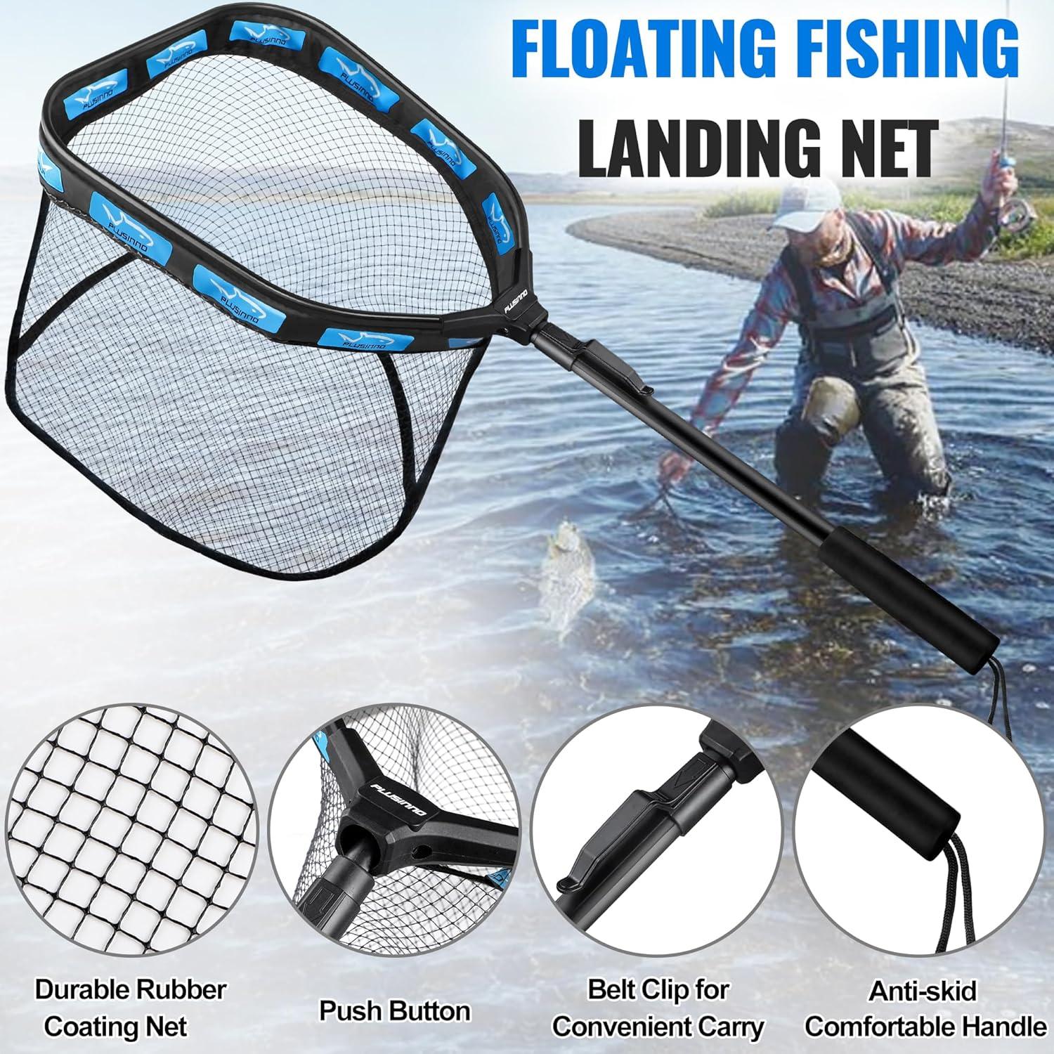 image:imagePLUSINNO Floating Fishing Net for Steelhead Salmon Fly Kayak Catfish Bass Trout Fishing Rubber Coated Foldable Landing Net with Fixed or Telescoping Pole Handle Fishing Gear and Gifts for Men11830cm Hoop Size 08M Blue Fixed PoleWith Accessory