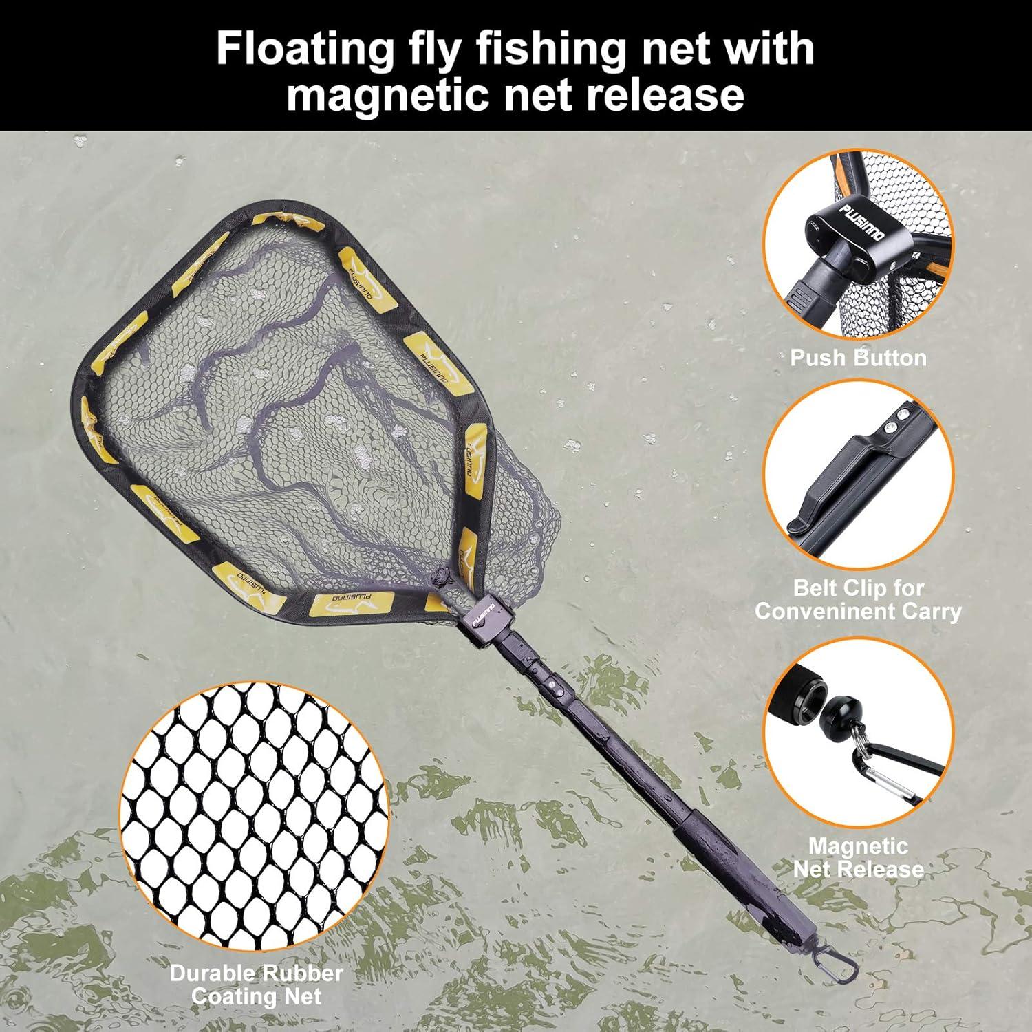image:imagePLUSINNO Floating Fishing Net for Steelhead Salmon Fly Kayak Catfish Bass Trout Fishing Rubber Coated Foldable Landing Net with Fixed or Telescoping Pole Handle Fishing Gear and Gifts for Men11830cm Hoop Size Orange with Magnetic Release