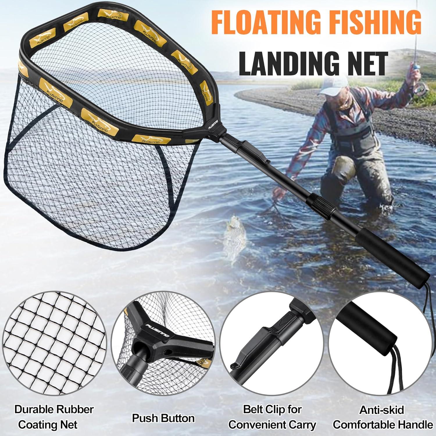 image:imagePLUSINNO Floating Fishing Net for Steelhead Salmon Fly Kayak Catfish Bass Trout Fishing Rubber Coated Foldable Landing Net with Fixed or Telescoping Pole Handle Fishing Gear and Gifts for Men11830cm Hoop Size 10M Orange Telescopic With Accessory