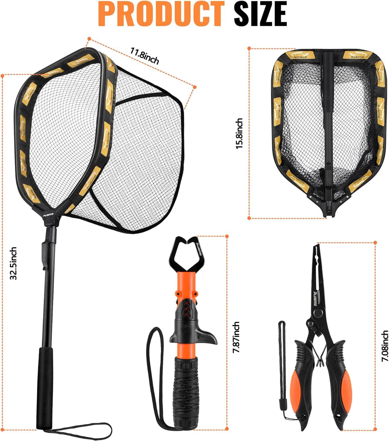 image:imagePLUSINNO Floating Fishing Net for Steelhead Salmon Fly Kayak Catfish Bass Trout Fishing Rubber Coated Foldable Landing Net with Fixed or Telescoping Pole Handle Fishing Gear and Gifts for Men11830cm Hoop Size 08M Orange Fixed PoleWith Accessory