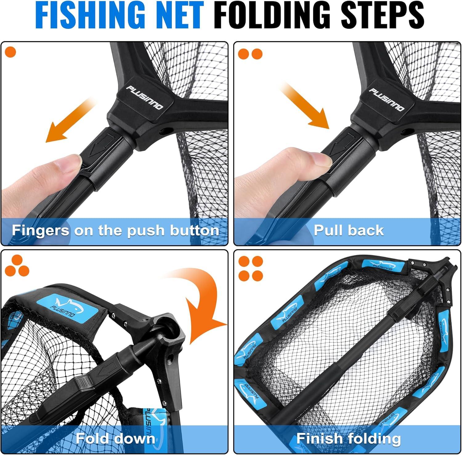 image:imagePLUSINNO Floating Fishing Net for Steelhead Salmon Fly Kayak Catfish Bass Trout Fishing Rubber Coated Foldable Landing Net with Fixed or Telescoping Pole Handle Fishing Gear and Gifts for Men11830cm Hoop Size 10M Blue Telescopic Pole With Accessory