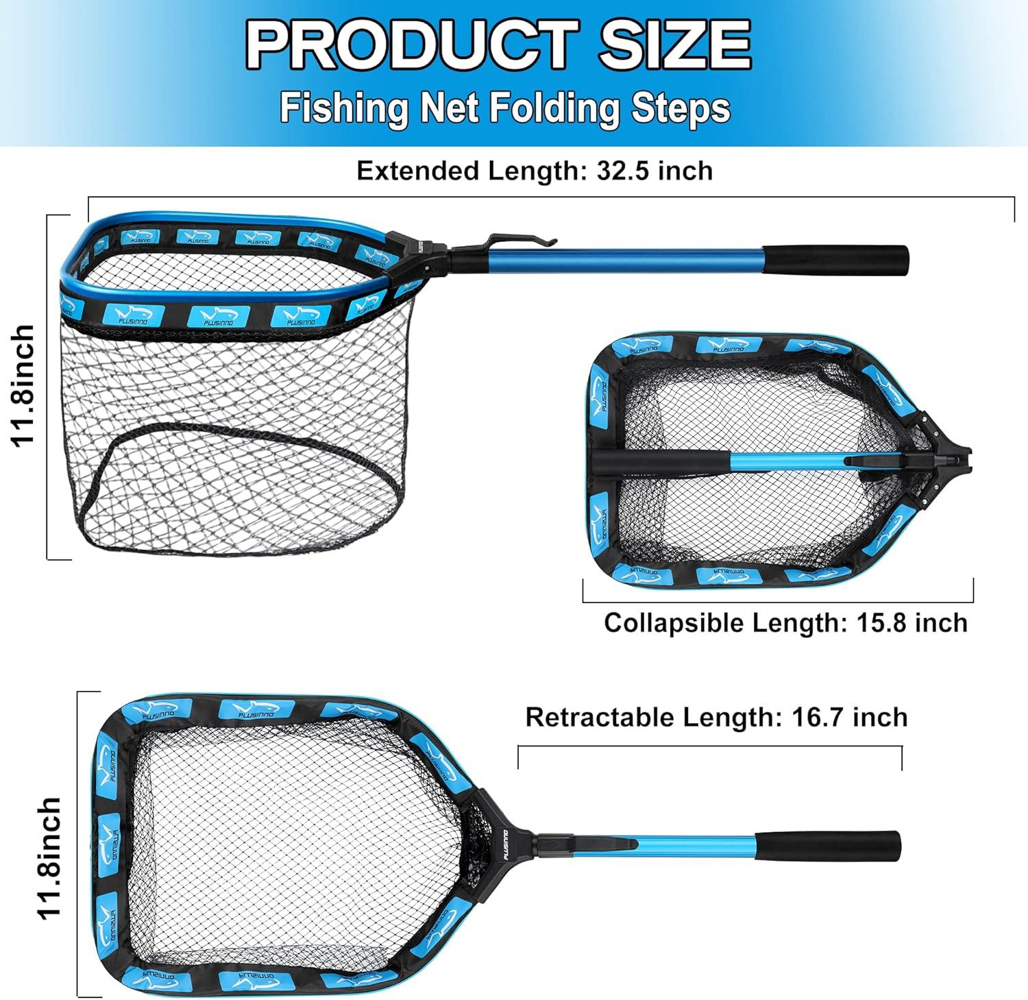 image:imagePLUSINNO Floating Fishing Net for Steelhead Salmon Fly Kayak Catfish Bass Trout Fishing Rubber Coated Foldable Landing Net with Fixed or Telescoping Pole Handle Fishing Gear and Gifts for Men11830cm Hoop Size 08M Blue Pole Fixed Pole