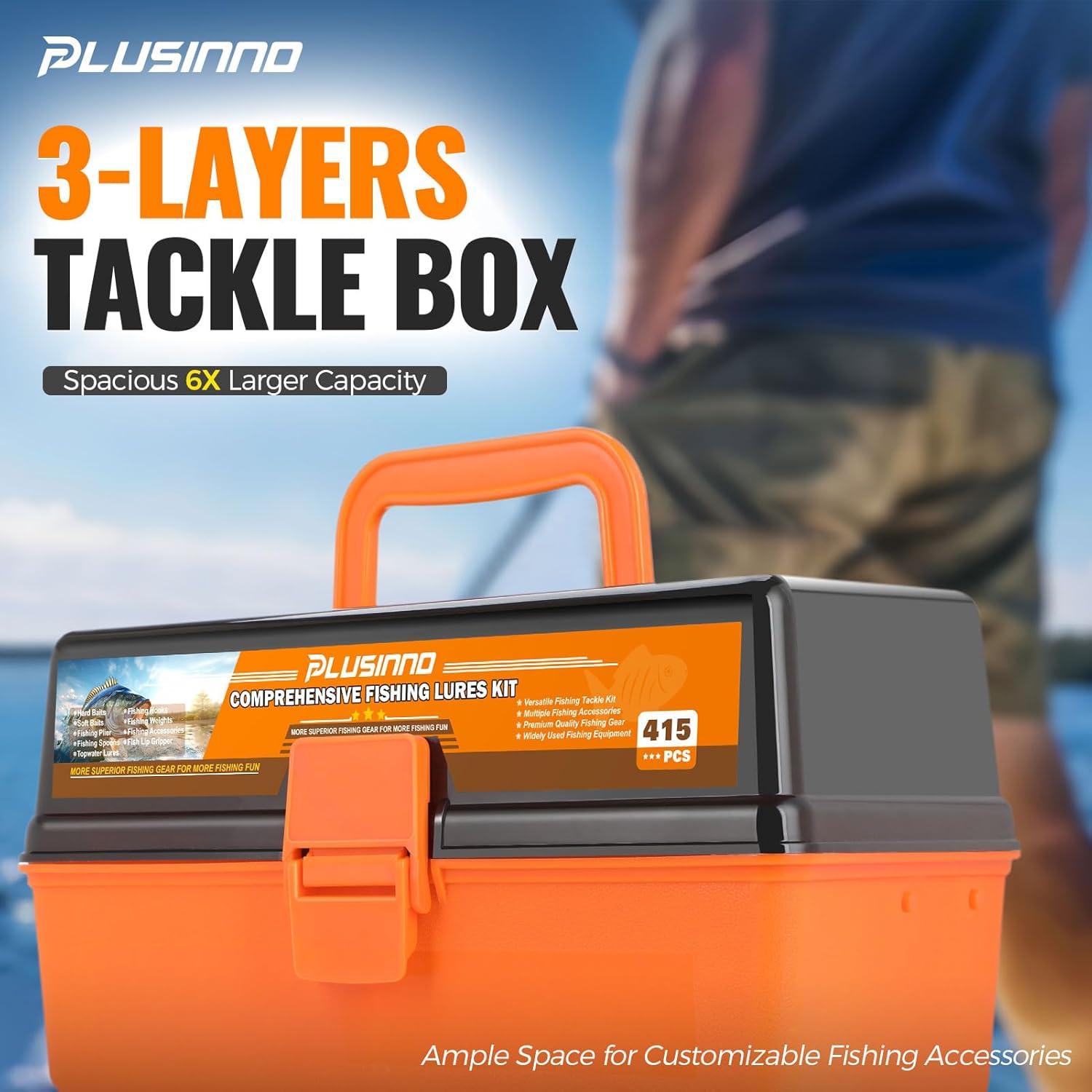 image:imagePLUSINNO Large 3 Layers Fishing Tackle Box with Tackle Included 415Pcs Fishing Lures Kit Contains Pliers Crankbait Hooks Weights amp Accessories Fishing Gear Gifts for Men Starter Kits Bass Trout