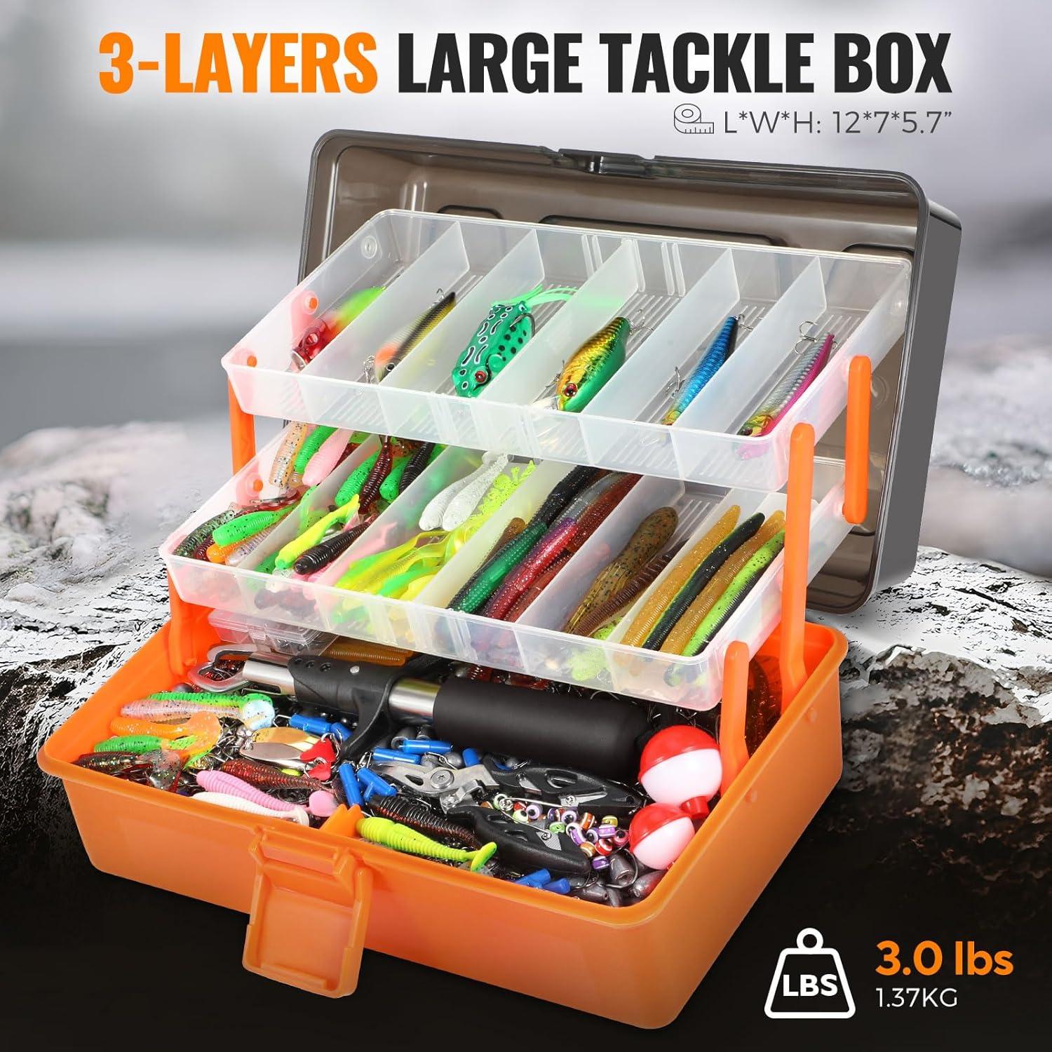 image:imagePLUSINNO Large 3 Layers Fishing Tackle Box with Tackle Included 415Pcs Fishing Lures Kit Contains Pliers Crankbait Hooks Weights amp Accessories Fishing Gear Gifts for Men Starter Kits Bass Trout