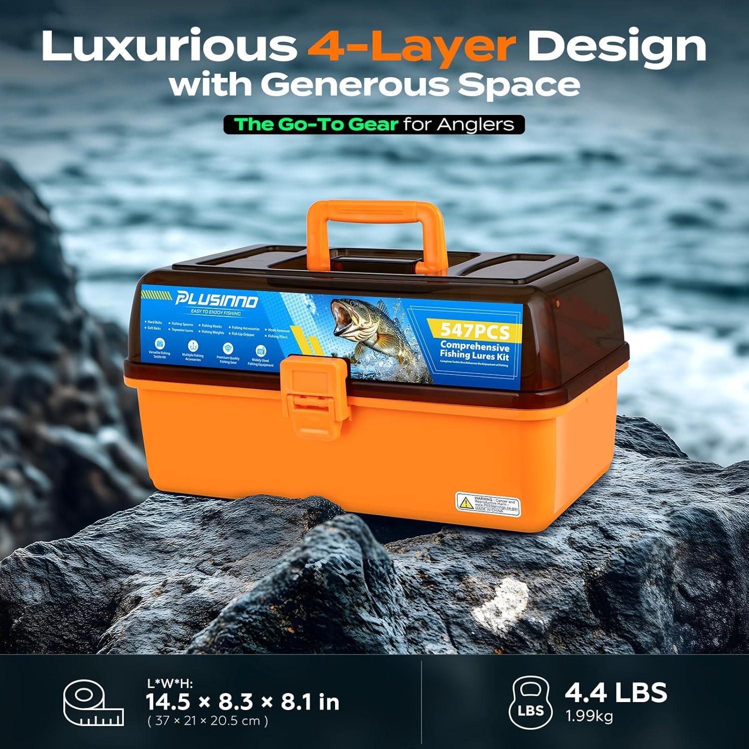 image:imagePLUSINNO Large 4Layer Tackle Box with Tackle Included 547Pcs Fishing Lures Kit Pliers Crankbait Hooks Weights amp Accessories Freshwater Bass Fishing Bait Lure Gear and Equipment Gift for Men