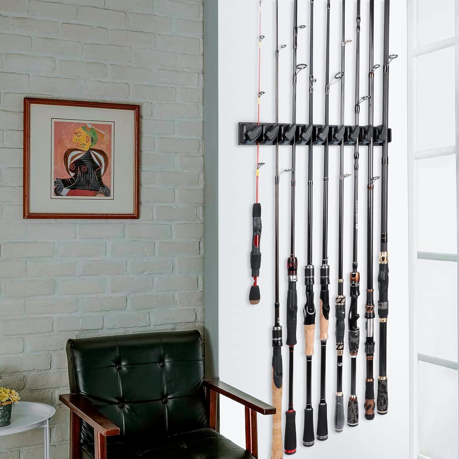 image:imagePLUSINNO Vertical Fishing Rod Holder Wall Mounted Fishing Rod Rack Fishing Pole Holder Holds Up to 9 Rods or Combos Fishing Rod Holders for Garage Fishing Gear and Gifts for MenBlue 2pack store 18 combos