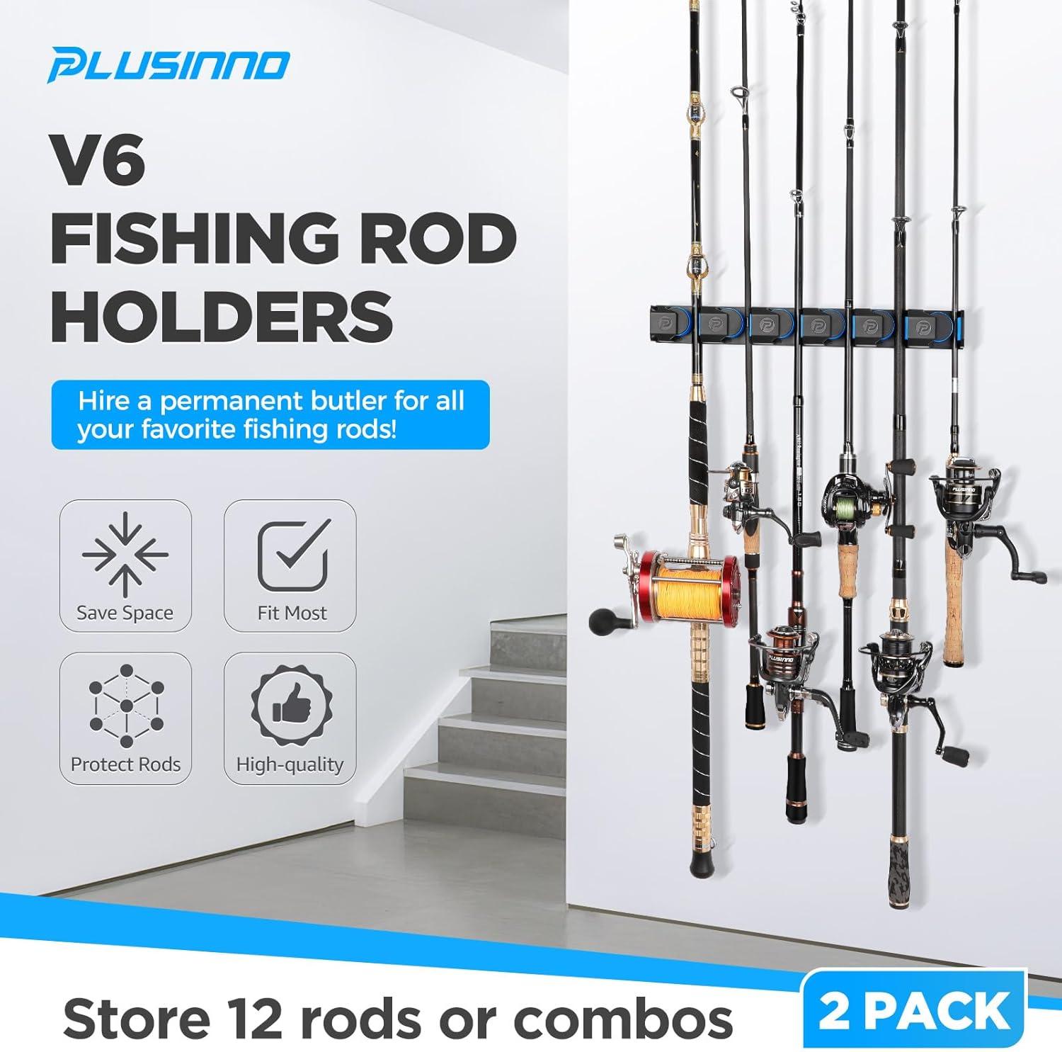 image:imagePLUSINNO Vertical Fishing Rod Holder Wall Mounted Fishing Rod Rack Fishing Pole Holder Holds Up to 9 Rods or Combos Fishing Rod Holders for Garage Fishing Gear and Gifts for MenUpgraded 2pack Support Heavy rod combos